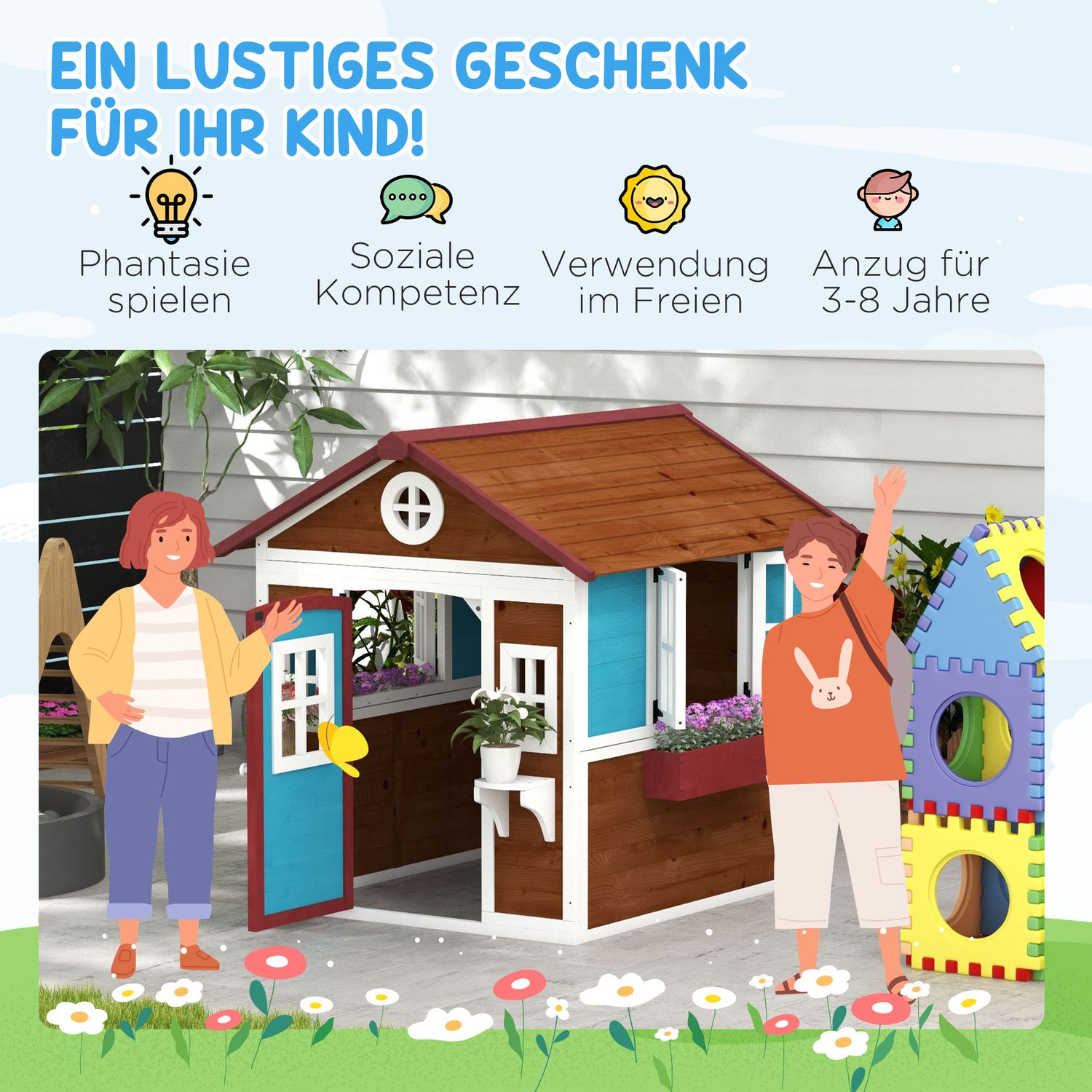 Trälekstuga – Utomhusnöje med fönster och växtlåda