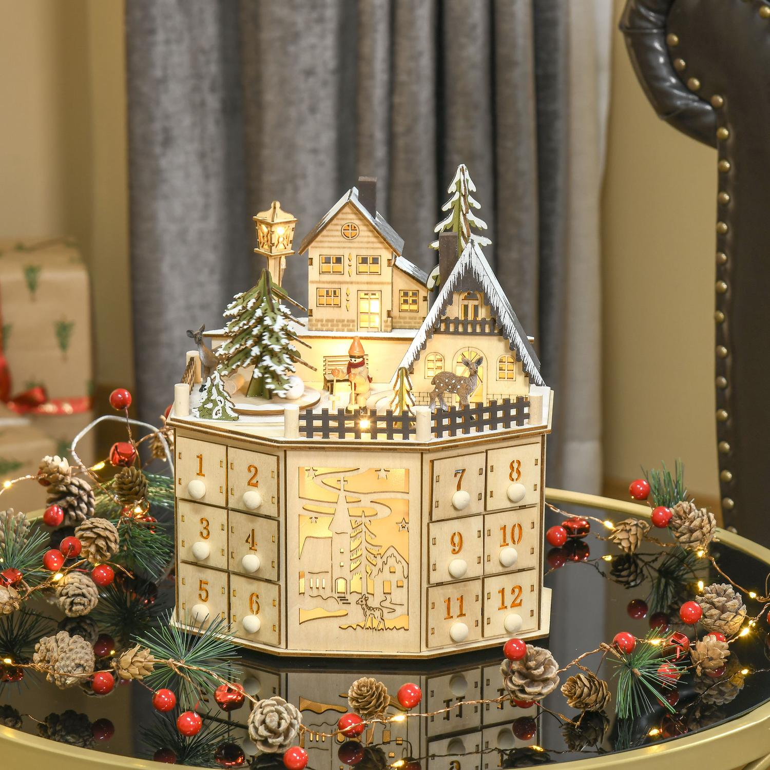Trätåg-adventskalender med 24 LED-presentförpackningar