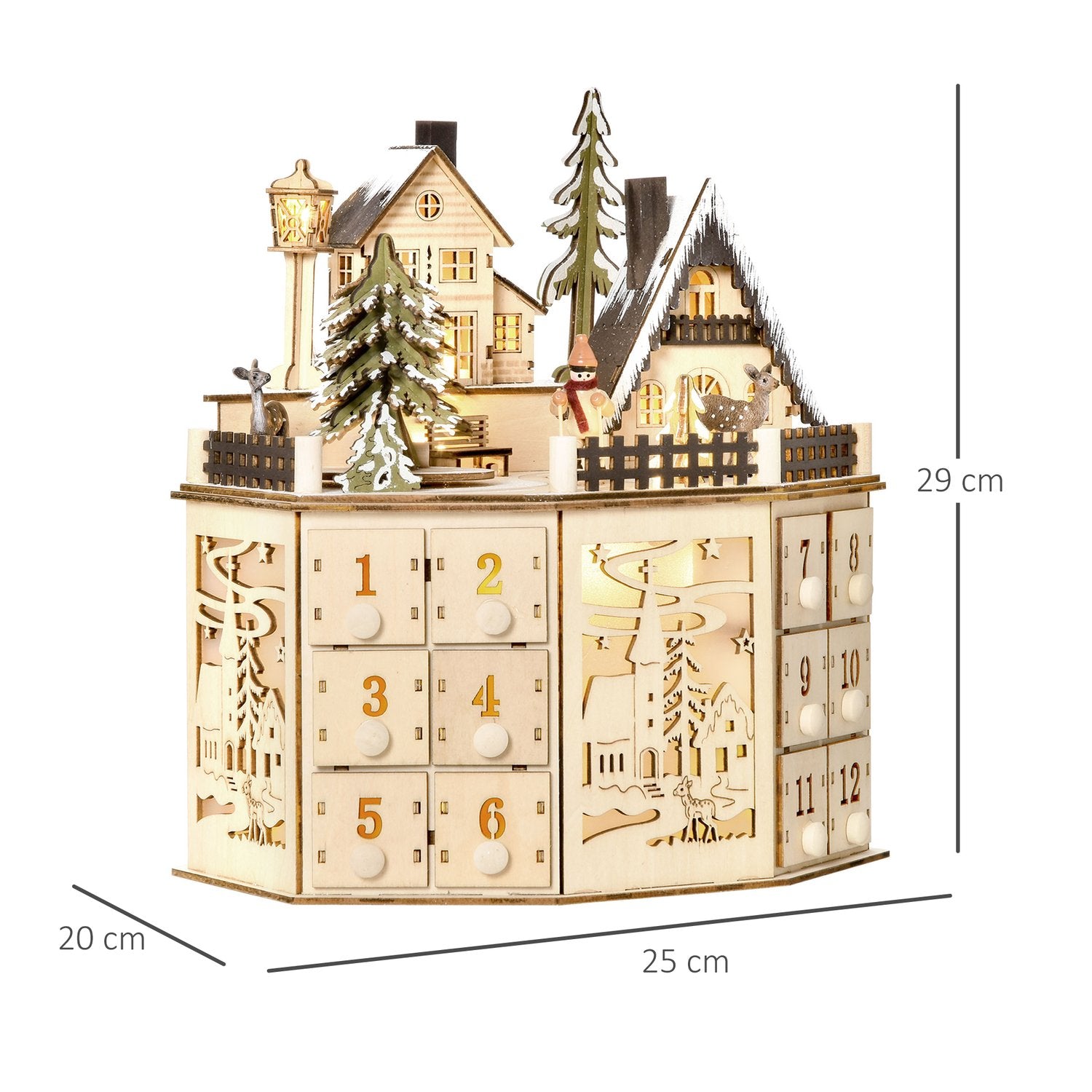 Trätåg-adventskalender med 24 LED-presentförpackningar