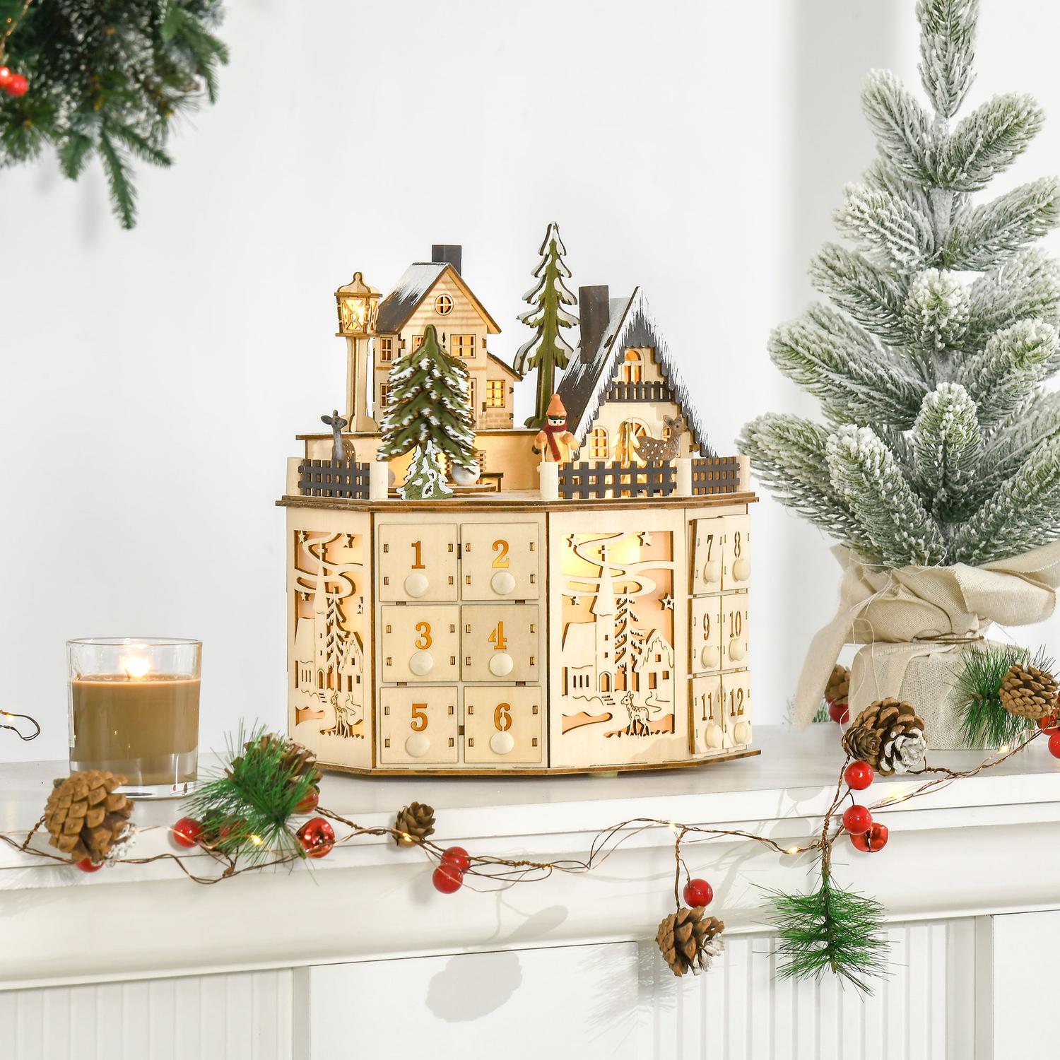 Trätåg-adventskalender med 24 LED-presentförpackningar