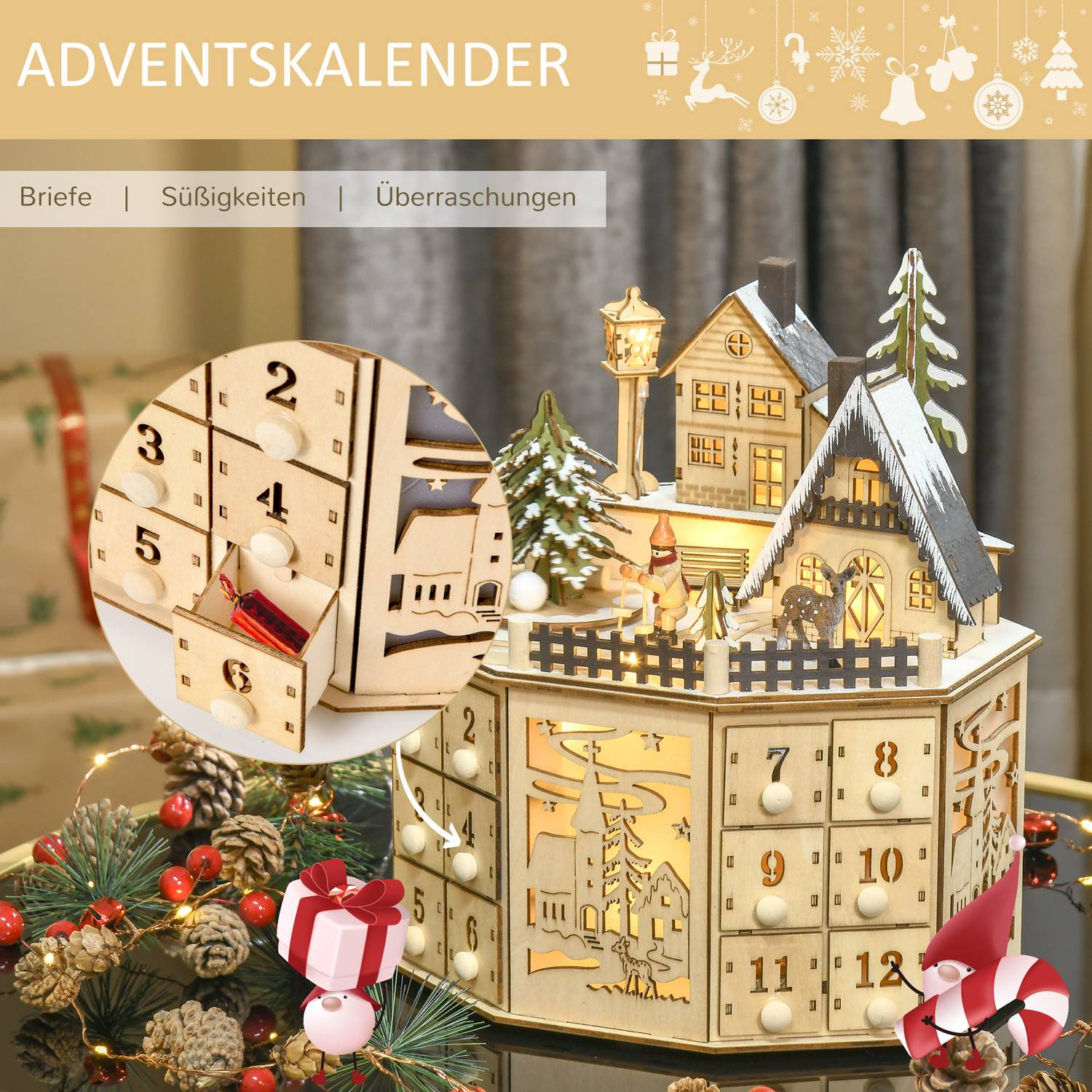 Trätåg-adventskalender med 24 LED-presentförpackningar