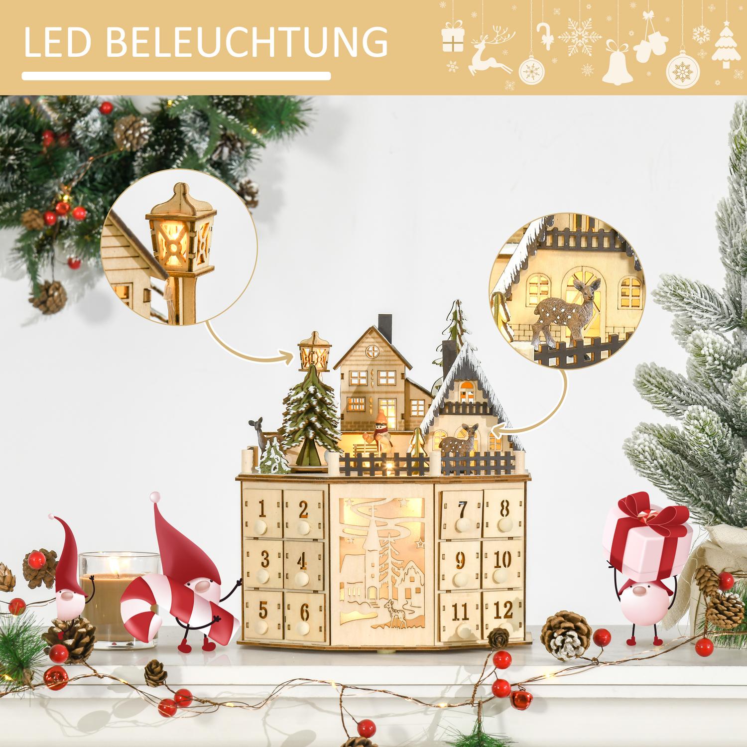 Trätåg-adventskalender med 24 LED-presentförpackningar
