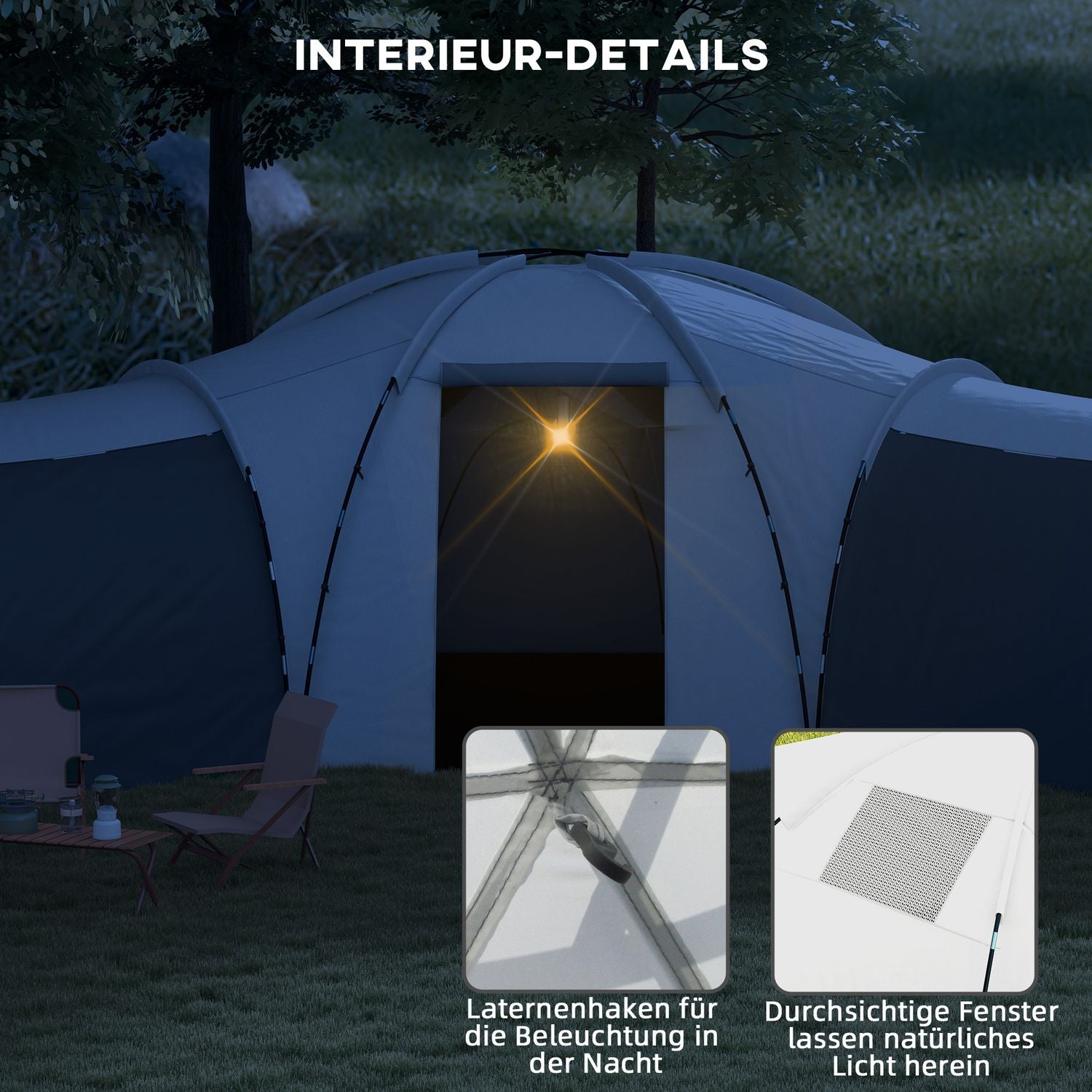 6-9 personers tunnelcampingtält, 3 sovrum, grått