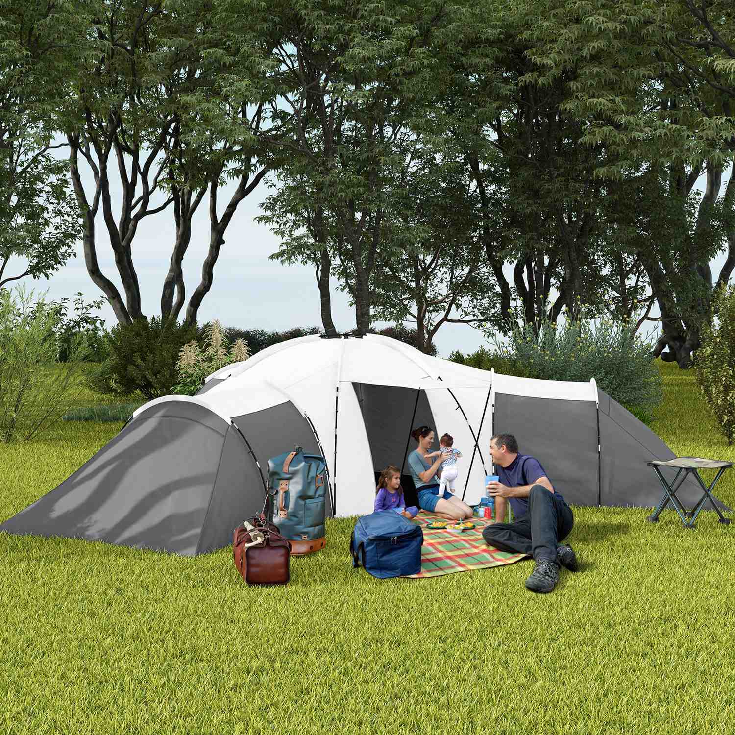 6-9 personers tunnelcampingtält, 3 sovrum, grått