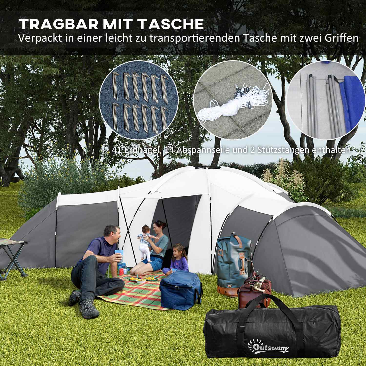 6-9 personers tunnelcampingtält, 3 sovrum, grått