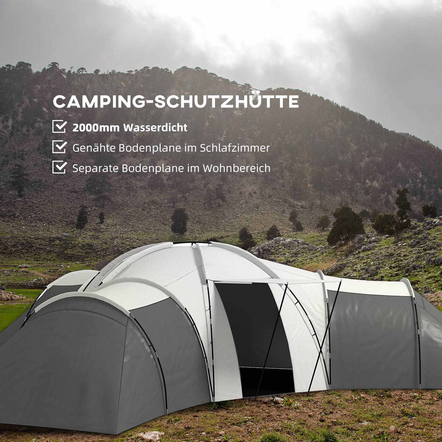 6-9 personers tunnelcampingtält, 3 sovrum, grått