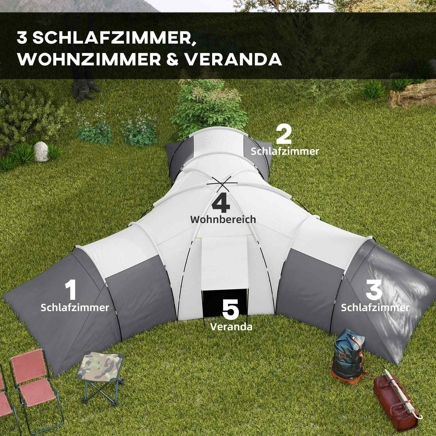 6-9 personers tunnelcampingtält, 3 sovrum, grått