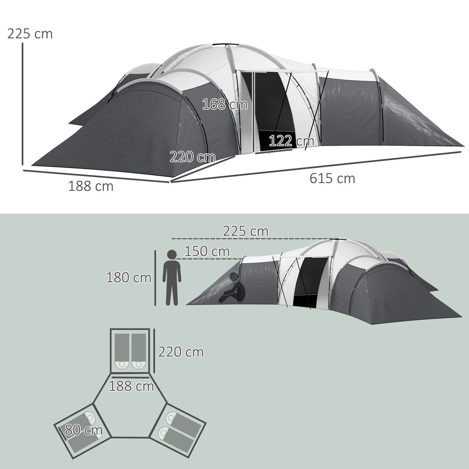 6-9 personers tunnelcampingtält, 3 sovrum, grått