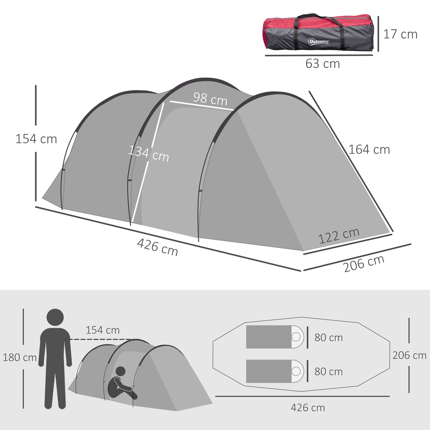 Tunnelcampingtält för 2-3 personer, glasfiber, grått