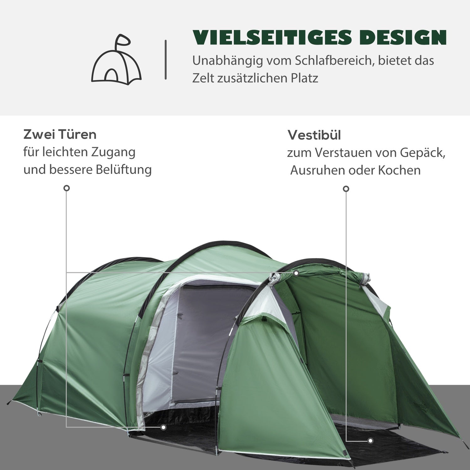 Tunnelcampingtält, 2-3 personer, vattentätt, mörkgrönt