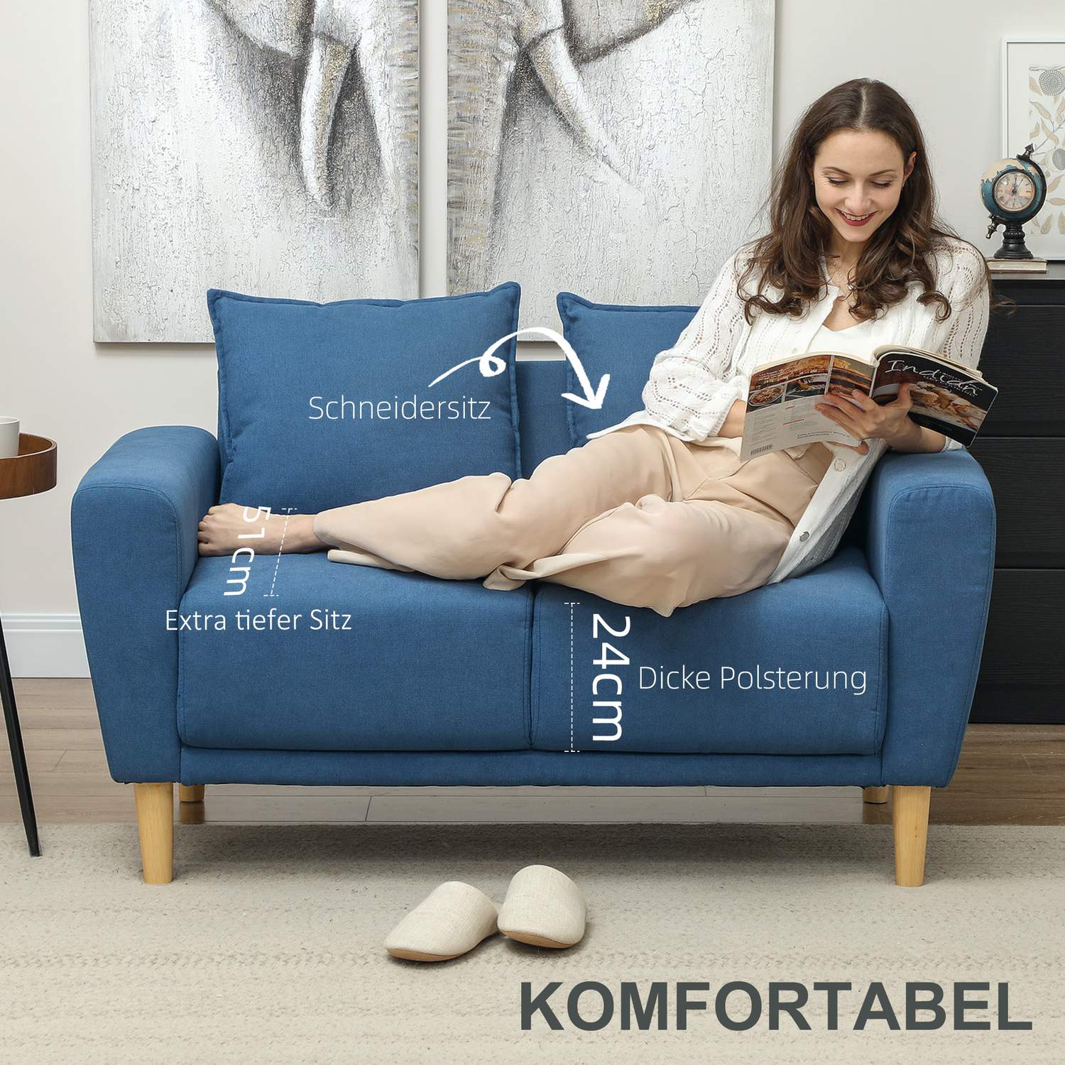 Blue Velvet 2-sits soffa med kuddar och djup sits