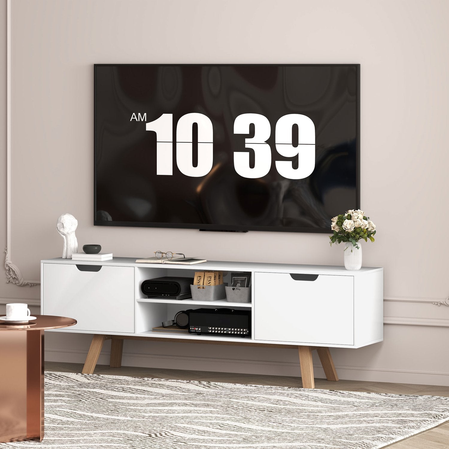 Vit TV-bänk, passar TV-apparater upp till 65"", 2 skåp och hyllor