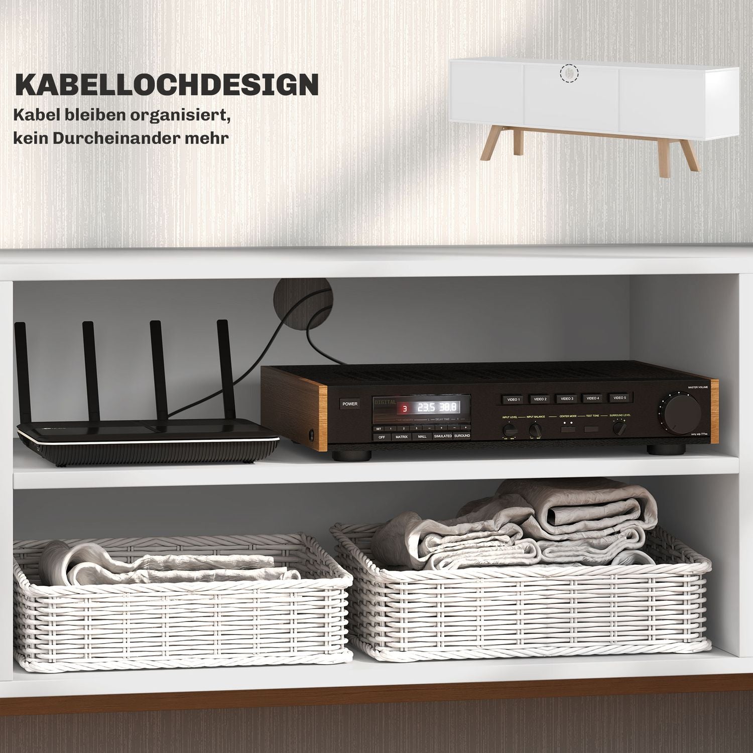 Vit TV-bänk, passar TV-apparater upp till 65"", 2 skåp och hyllor