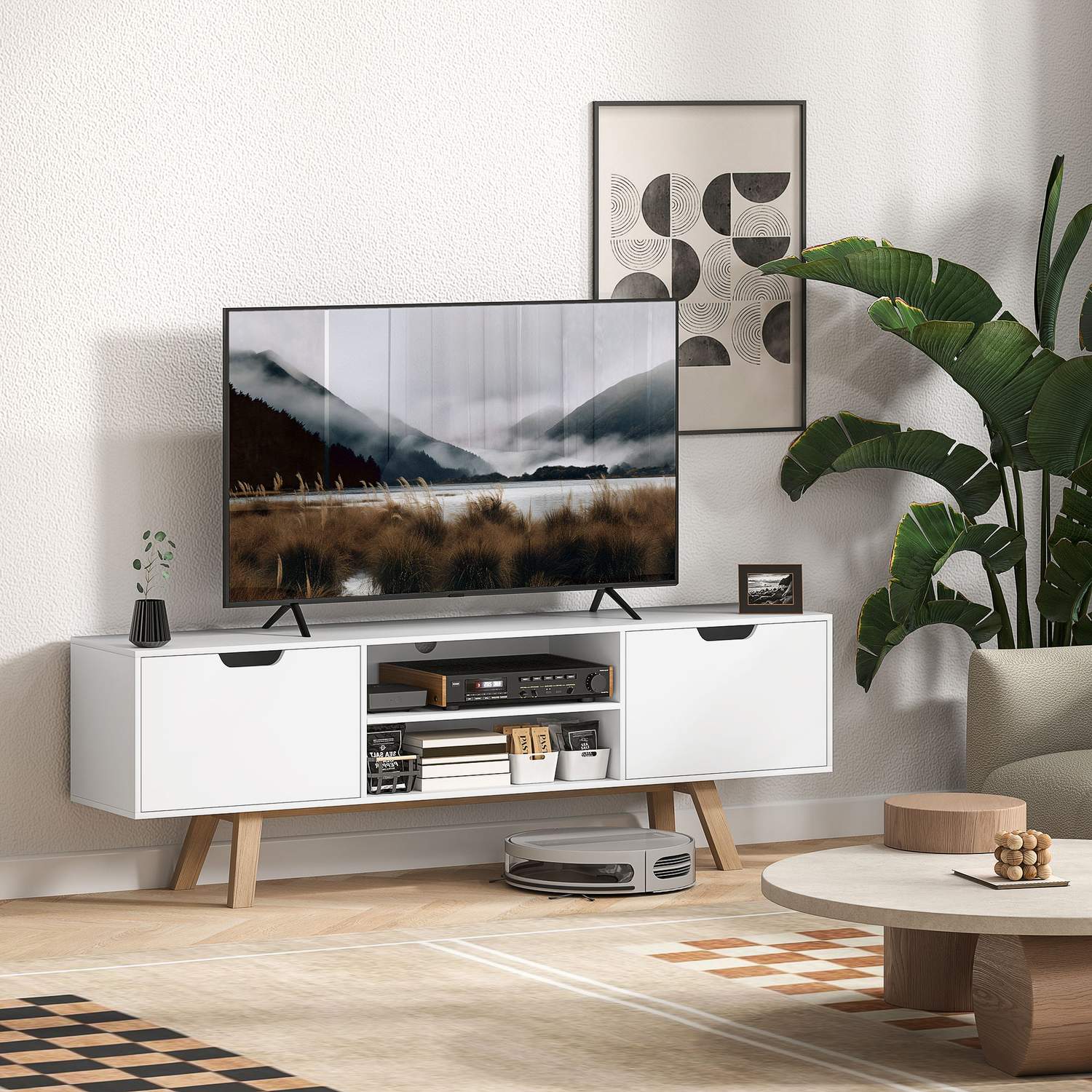 Vit TV-bänk, passar TV-apparater upp till 65"", 2 skåp och hyllor
