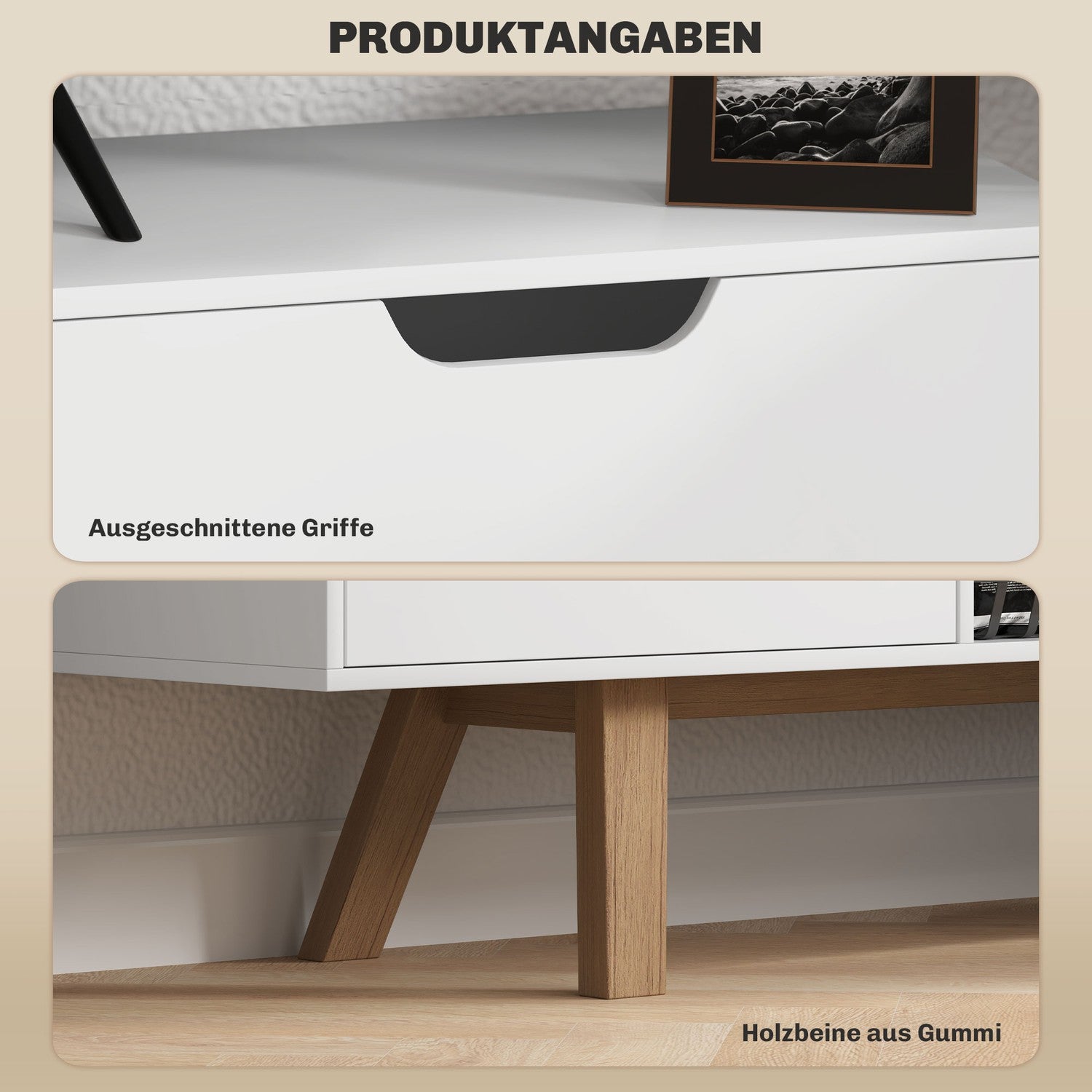 Vit TV-bänk, passar TV-apparater upp till 65"", 2 skåp och hyllor