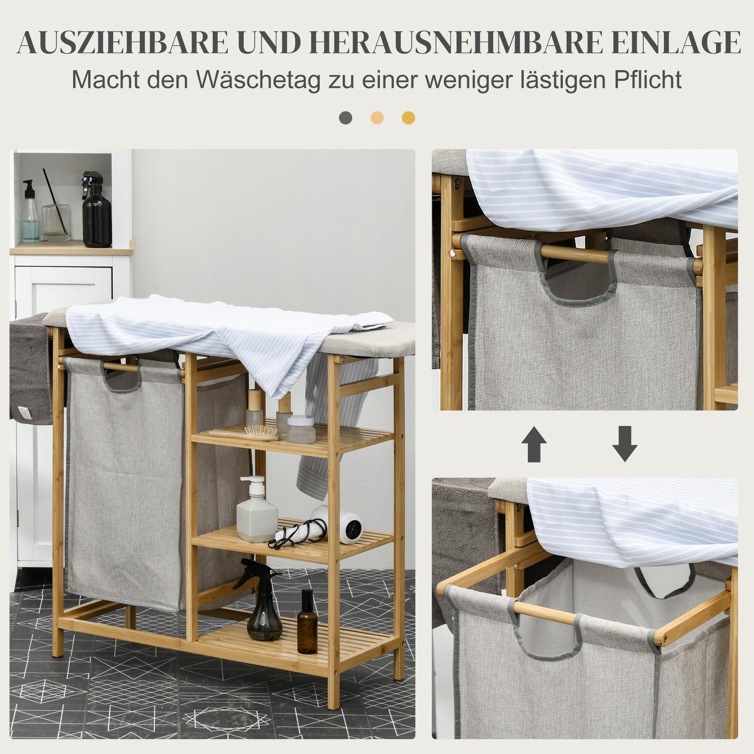 Utdragbar 57,4L tvättkorg med strykbräda och 3-våningsförvaring