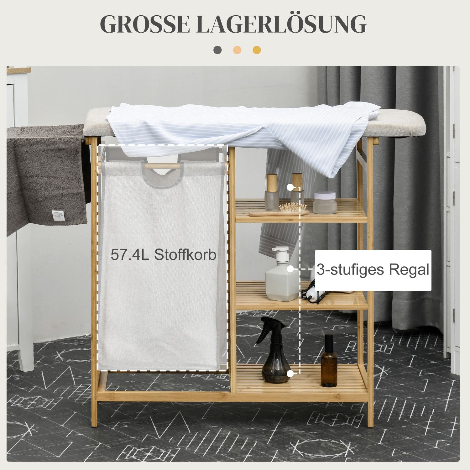 Utdragbar 57,4L tvättkorg med strykbräda och 3-våningsförvaring