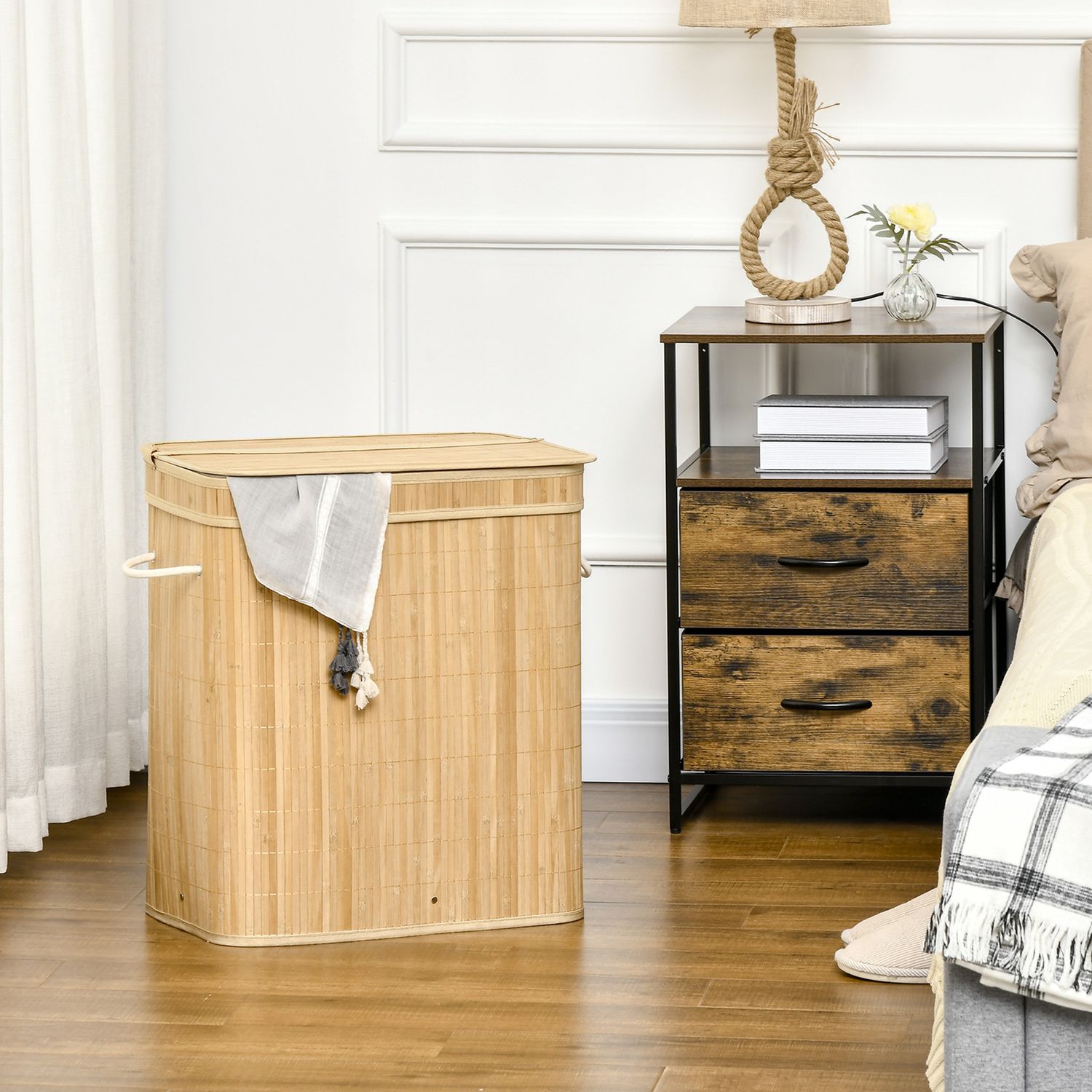 Bambu tvättkorg med lock och 2 fack, 90L