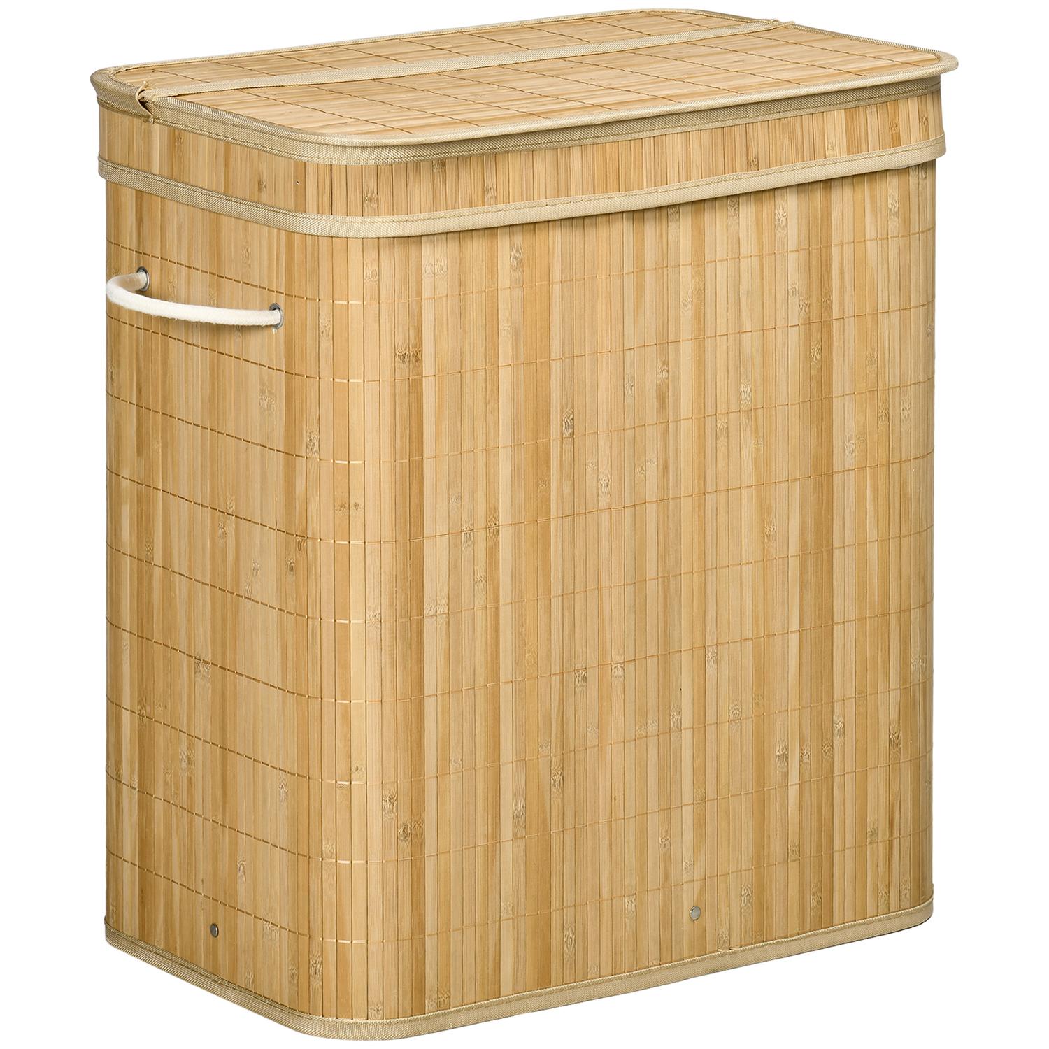 Bambu tvättkorg med lock och 2 fack, 90L
