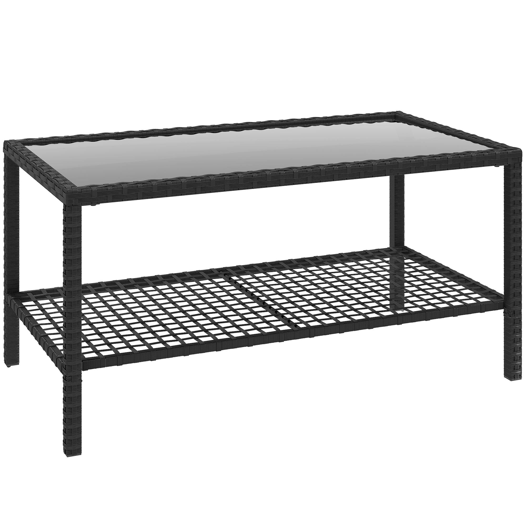 Tvåvånings soffbord i rotting med glasskiva, svart