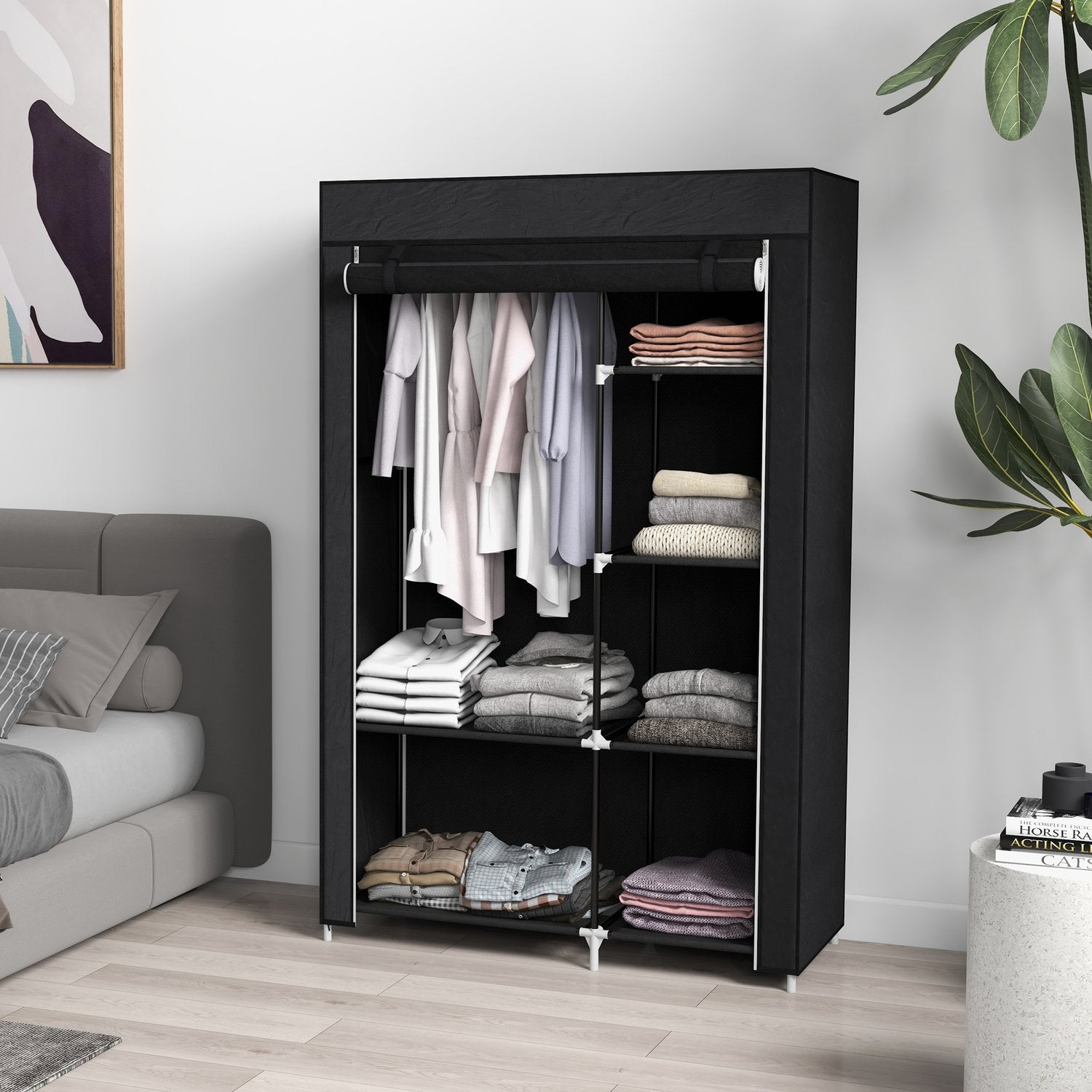 Tygfällbar garderob, 6 fack, svart, 103x43x162,5 cm