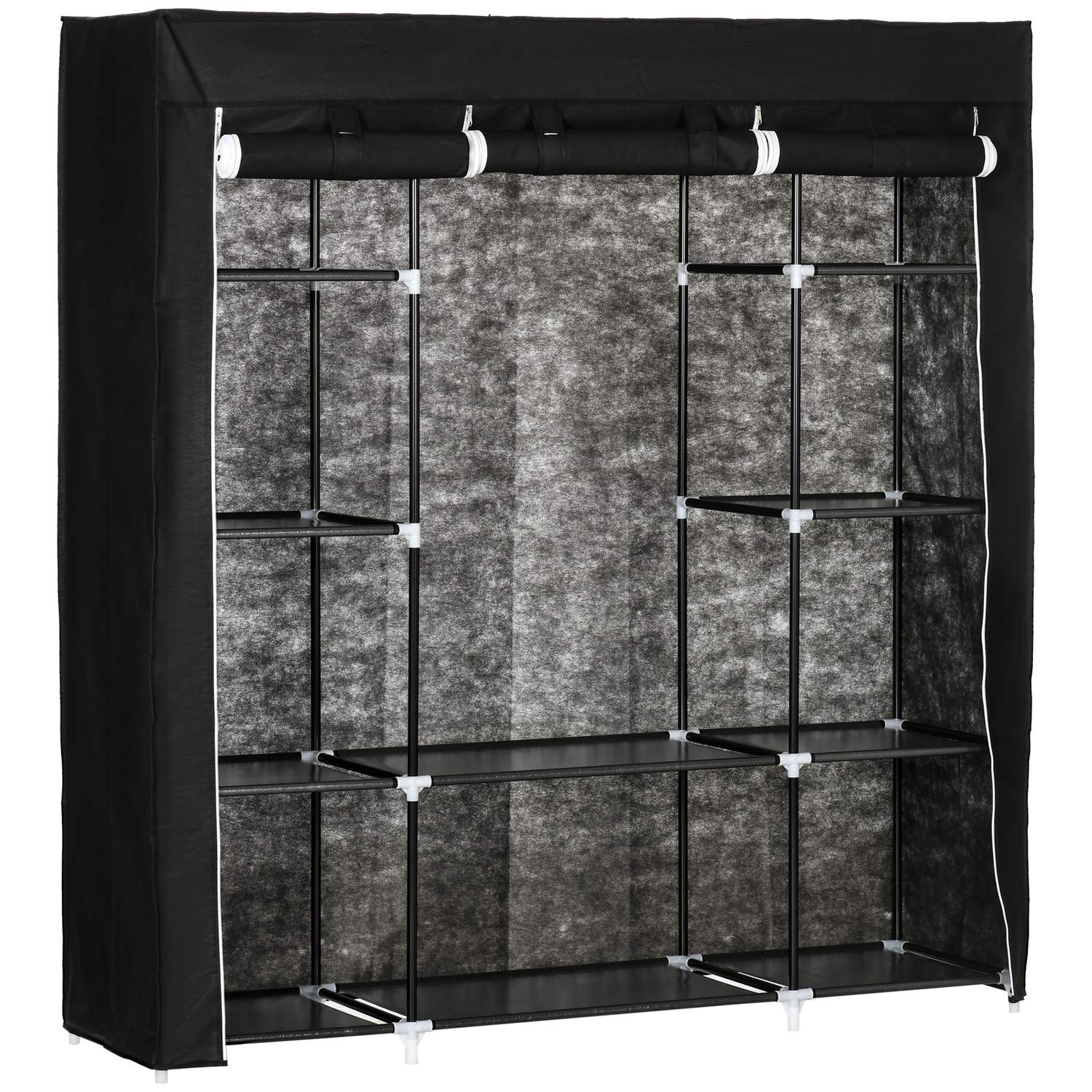 Tyggarderob – dragkedja, 1 skena, 10 hyllor, 150x43x162cm