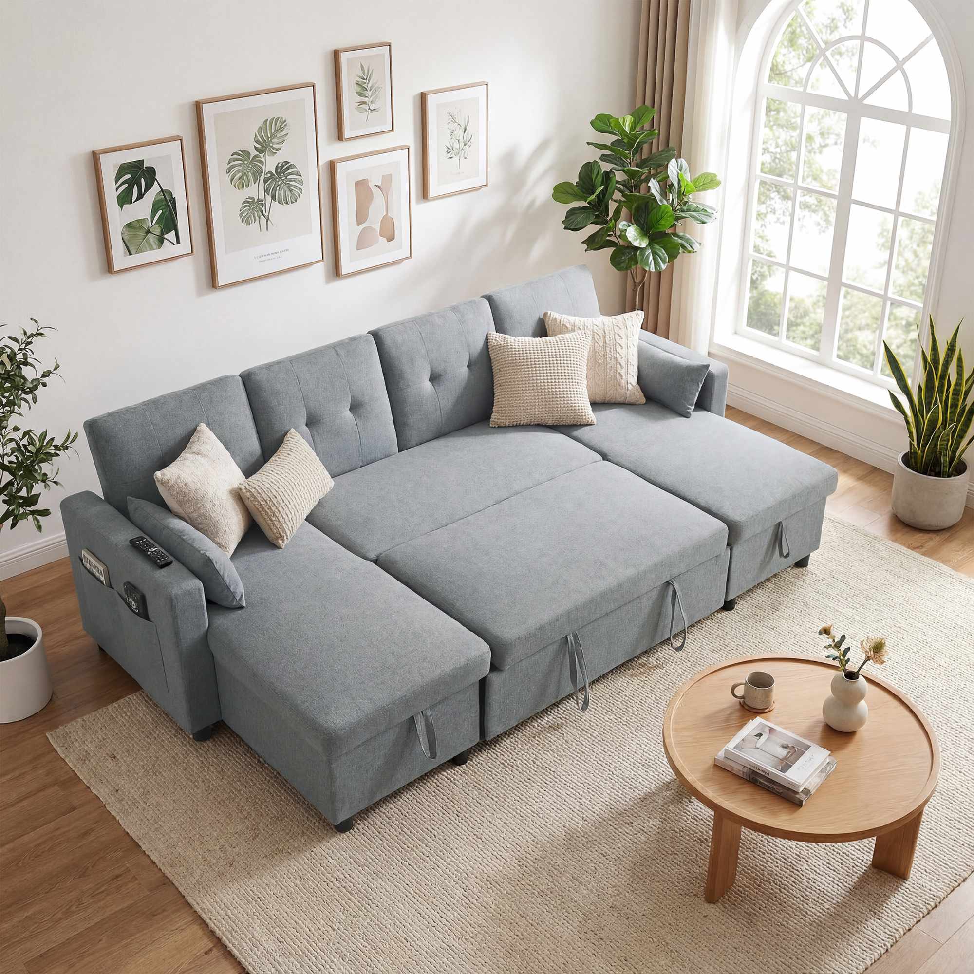 U-formad bäddsoffa, 4-sits, förvaring, grå