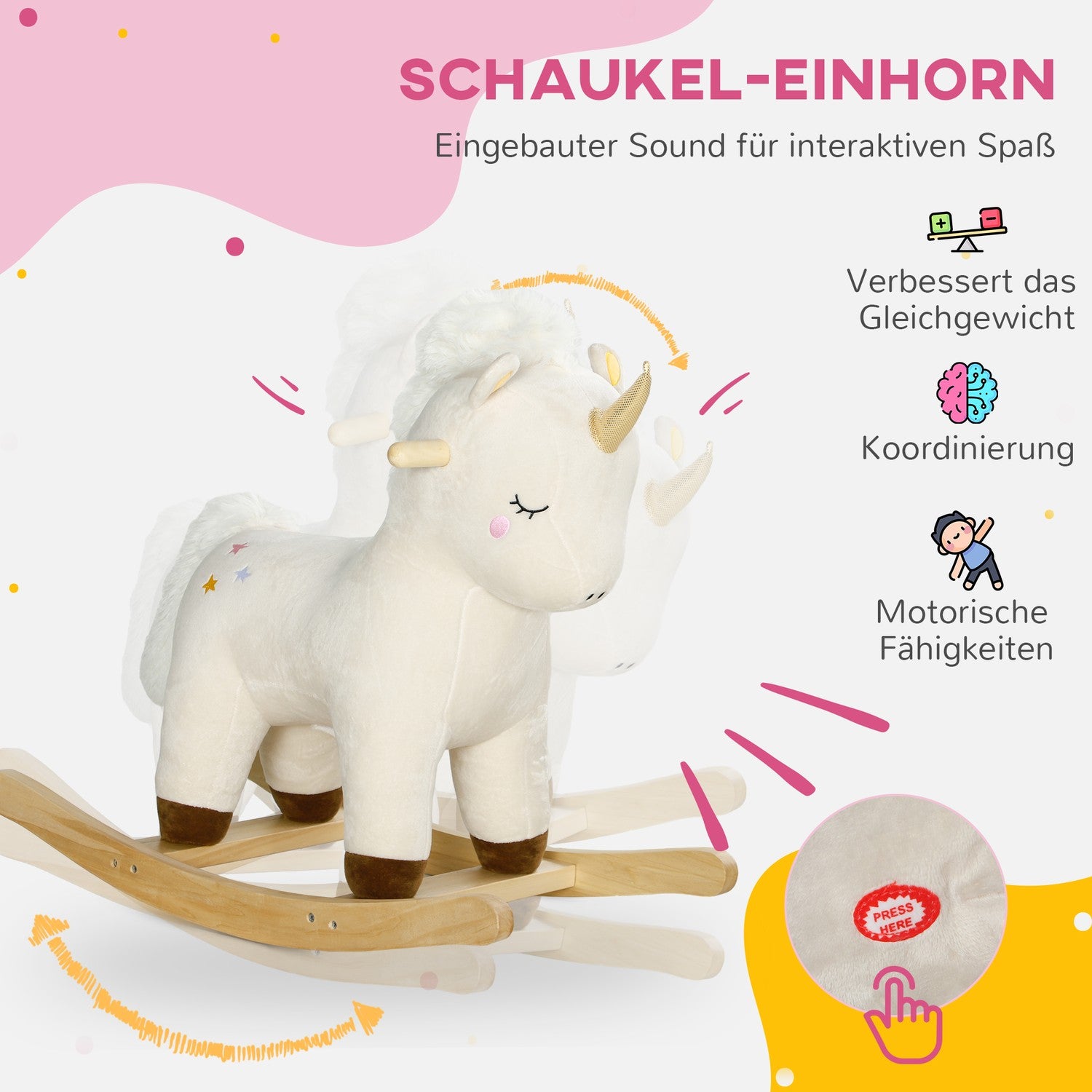 Unicorn gungleksak med ljud – plyschsits för småbarn