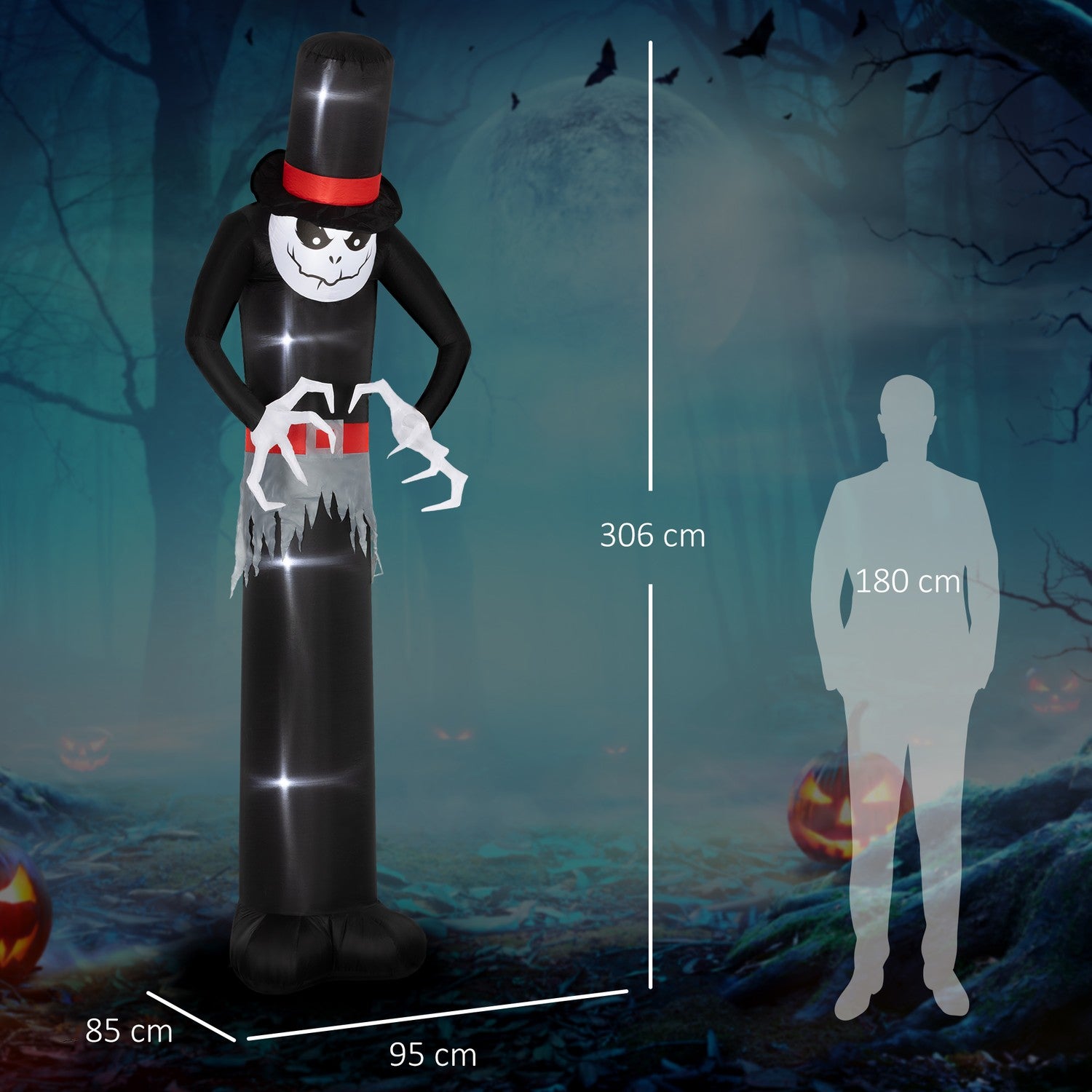 Uppblåsbar Halloween Ghost med hatt, 5 LED-lampor, 306cm