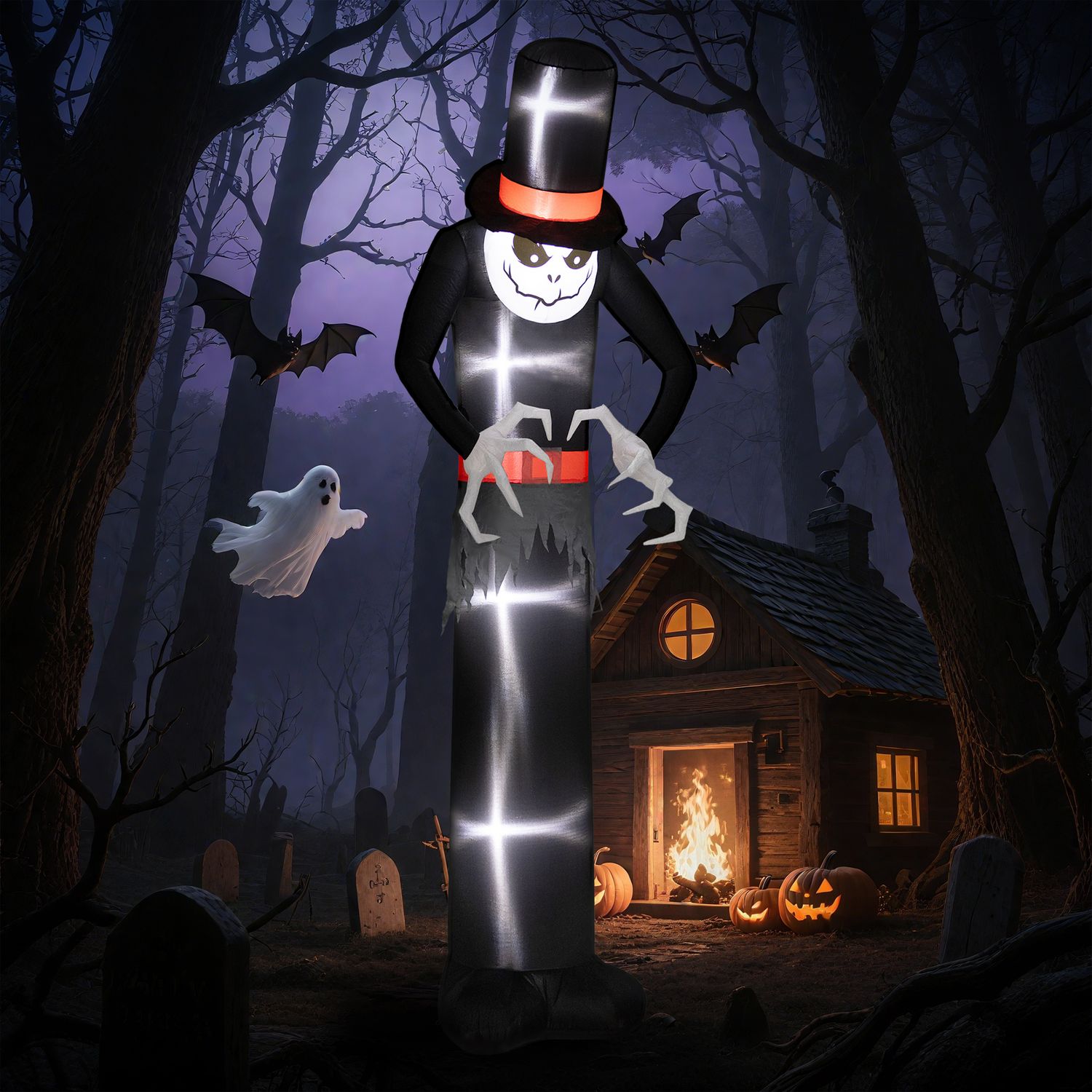 Uppblåsbar Halloween Ghost med hatt, 5 LED-lampor, 306cm
