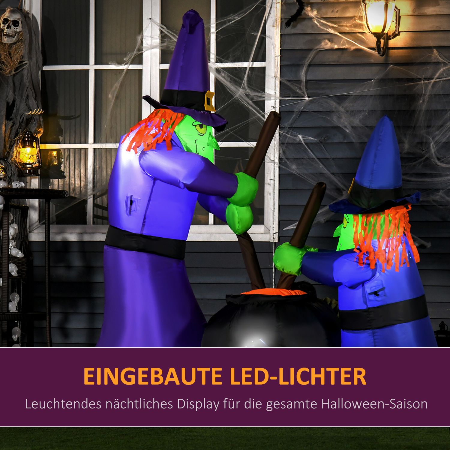 Uppblåsbar Halloween kitteldekoration med LED-lampor, polyester