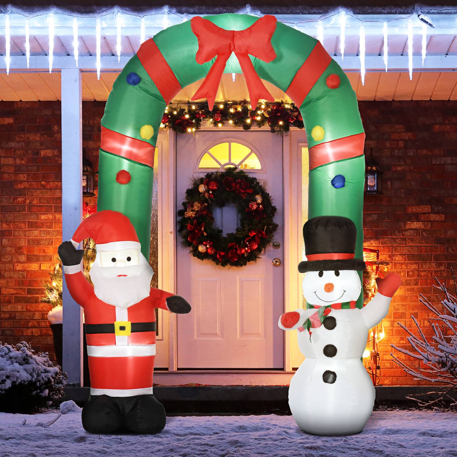 Uppblåsbar julbåge med jultomte, snögubbe och LED-ljus