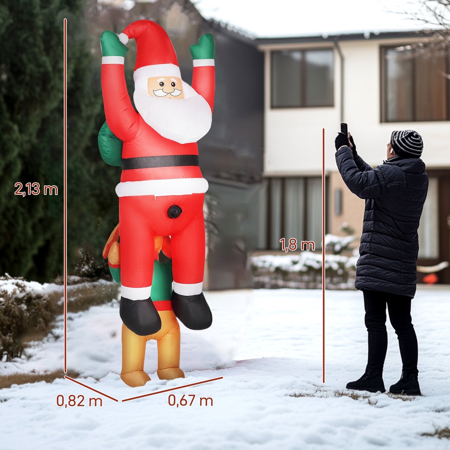 Uppblåsbar jultomte med hund och LED-ljus, 214 cm