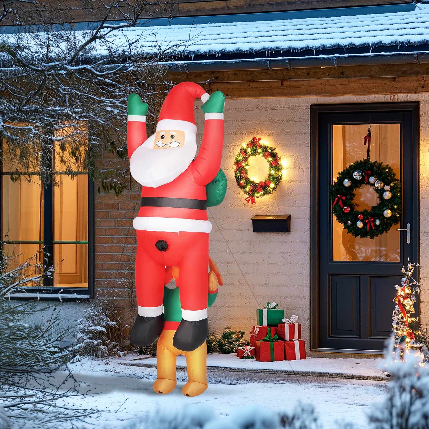 Uppblåsbar jultomte med hund och LED-ljus, 214 cm