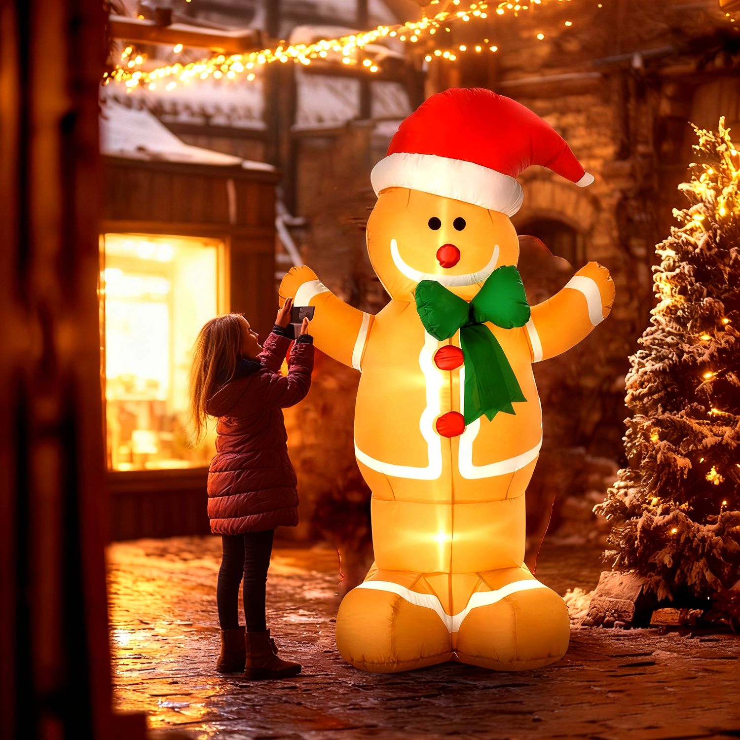 Uppblåsbar pepparkaksgubbe med LED-lampor, 183 cm utomhusdekor
