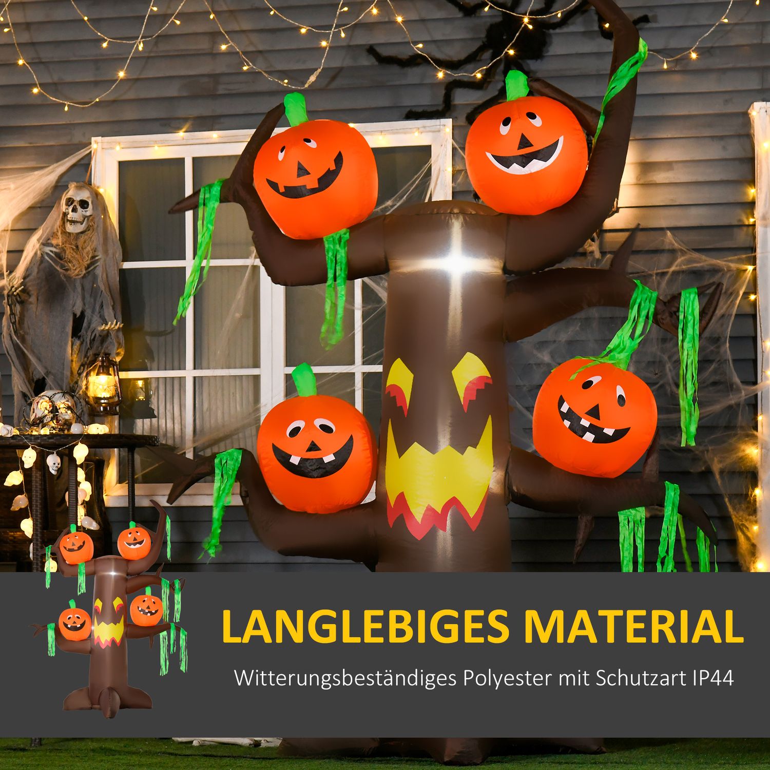 Uppblåsbart Halloweenträd med pumpa & LED-lampor, 180cm
