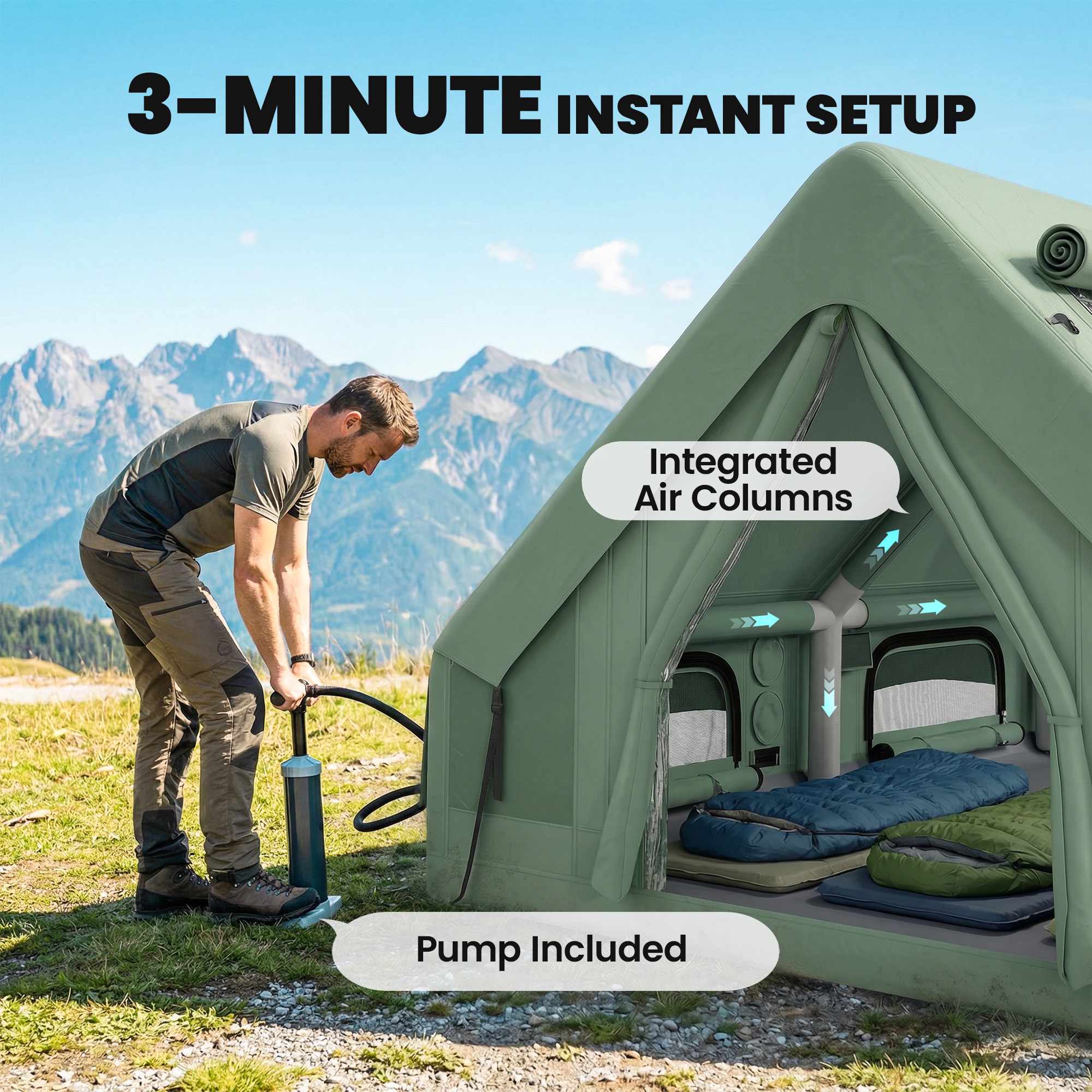 Uppblåsbart 4-säsongstält för 8-10 personer, vattentätt