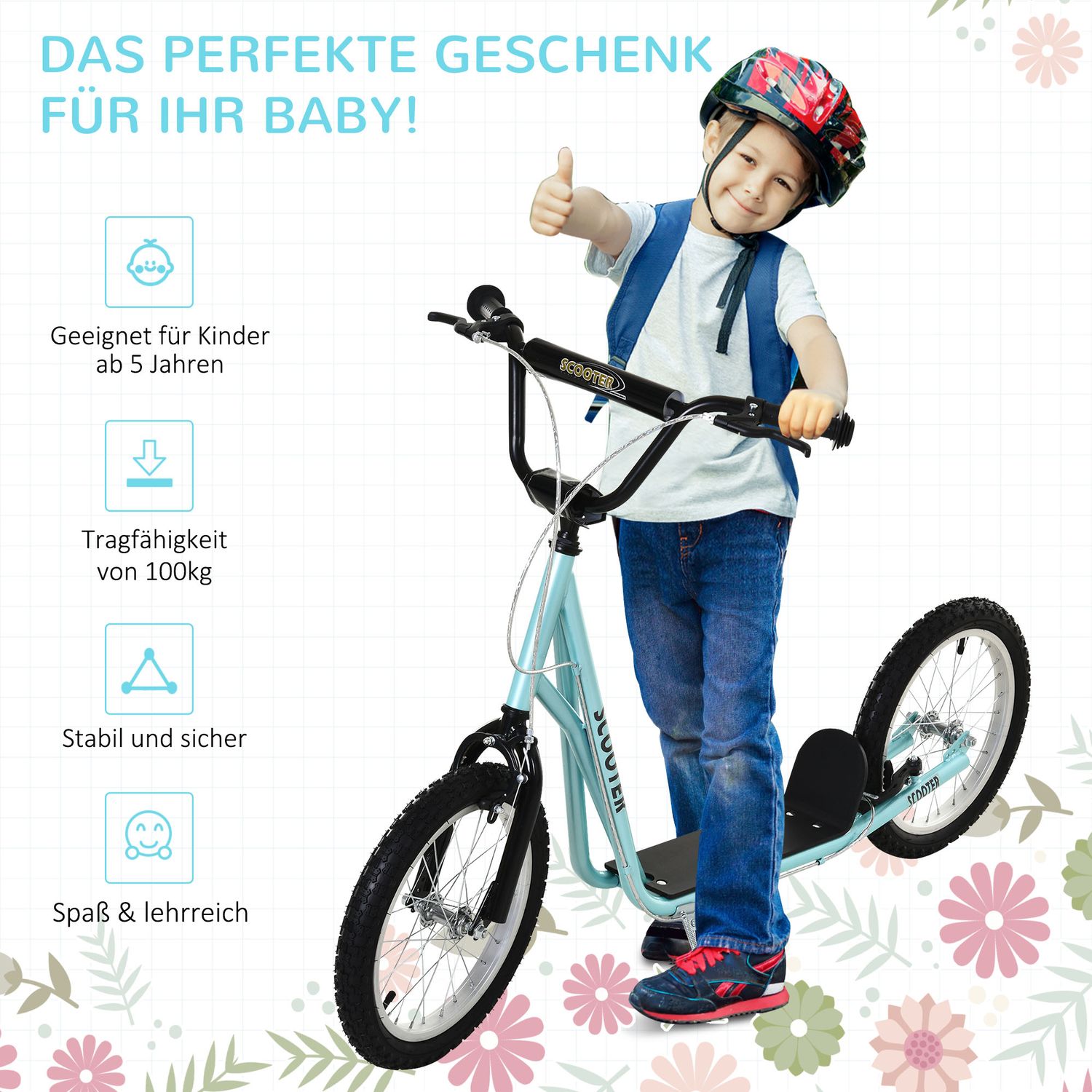 Uppfällbar sparksparkcykel för barn, handbroms, 16"" luftdäck