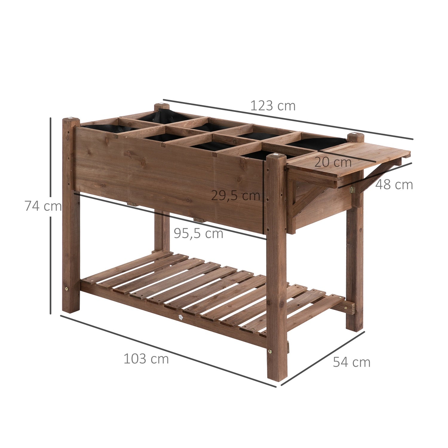 Planteringslåda för upphöjd säng, 8 galler och hylla, massivt trä 123x54x74cm