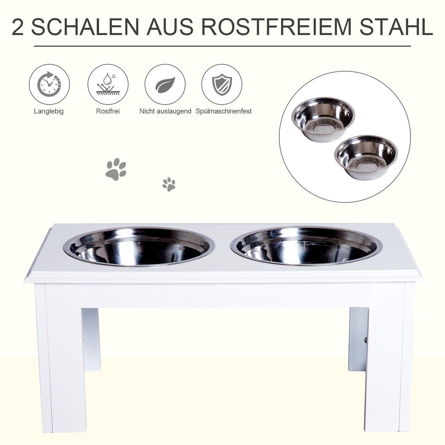 Upphöjd hundmatskål med rostfritt stål, lättskött, vit