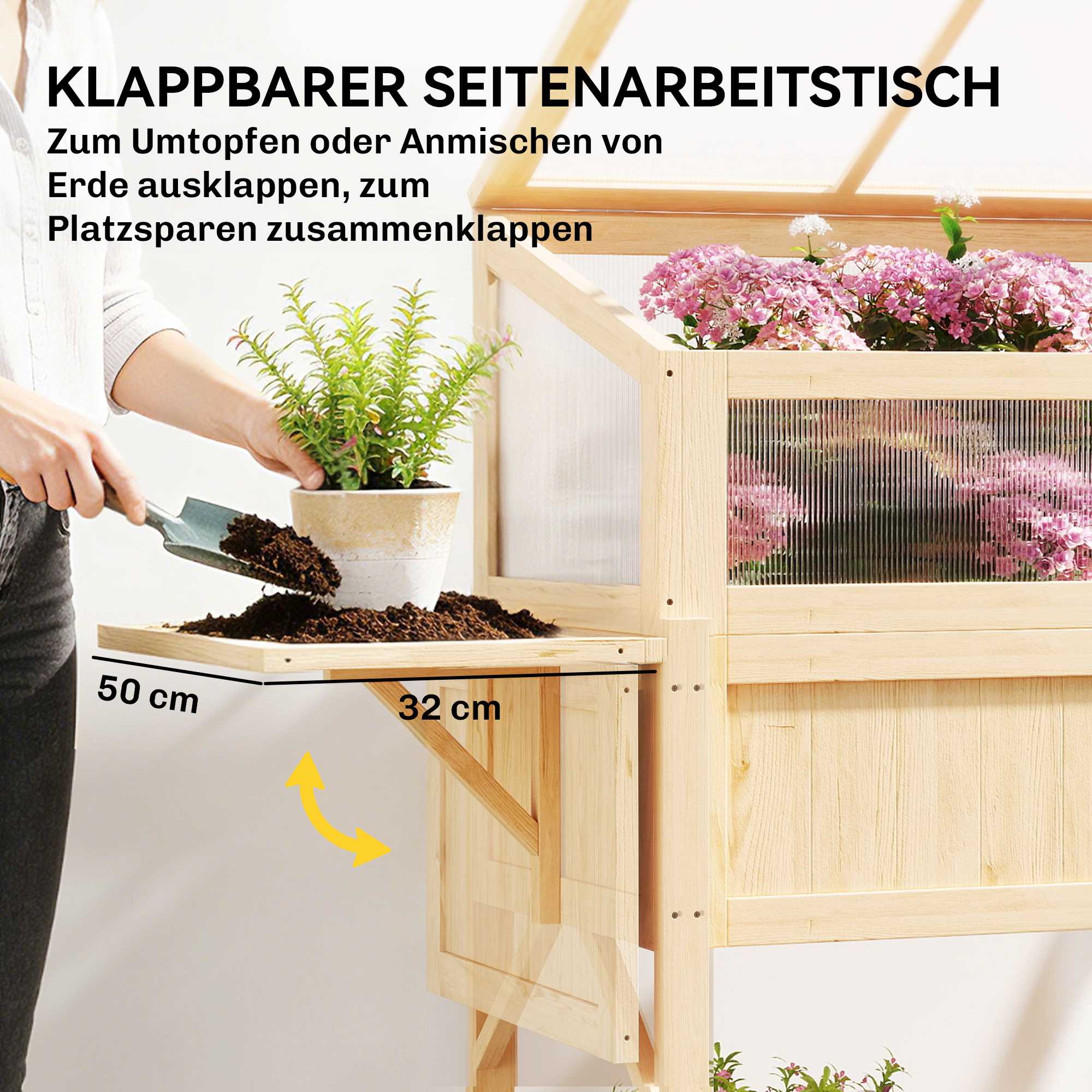Upphöjd trädgårdsbädd med kallram, trä, hopfällbar hylla