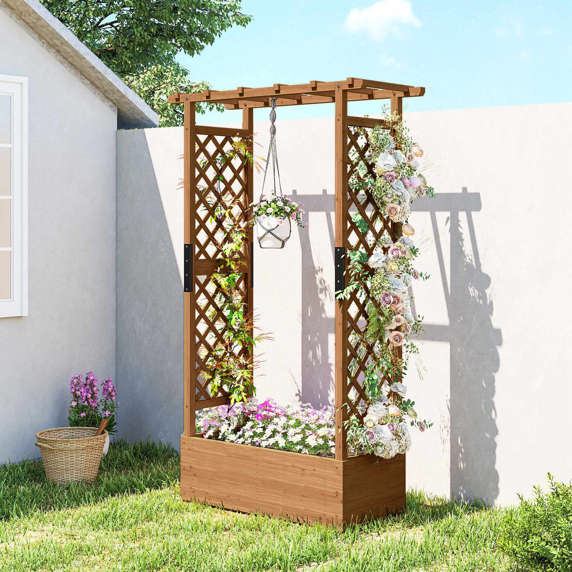 Upphöjd trädgårdsbädd med spaljé och tak, 110x44x181 cm trä