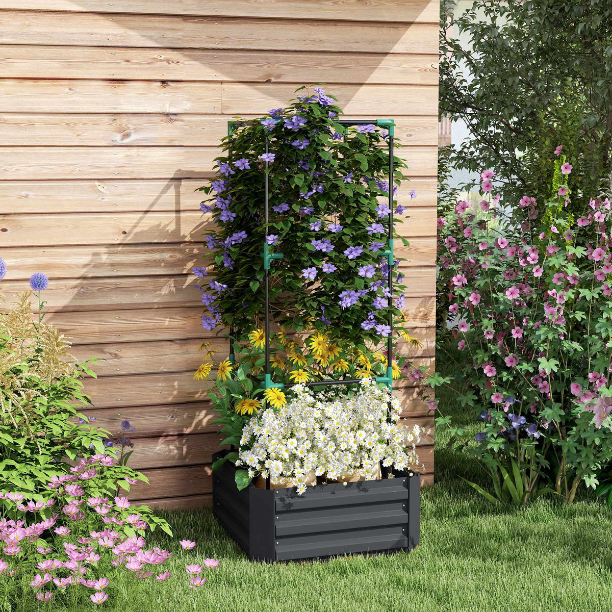 Høybed med espalier, stål, 61 x 61 x 140 cm, mørkegrå