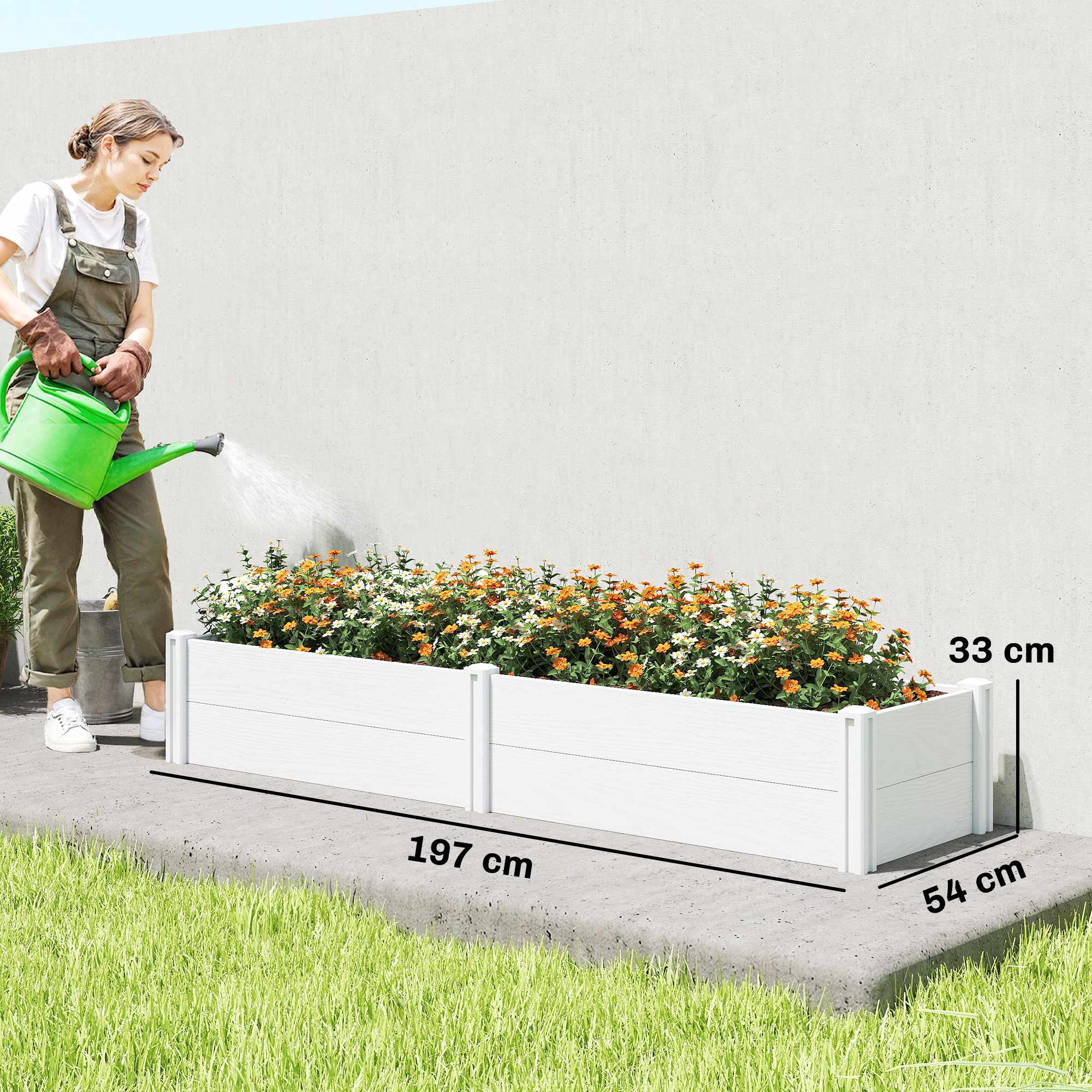 Upphöjd trädgårdsbädd, vit vinyl, 197 x 54 x 33 cm, enkel gör-det-själv-montering