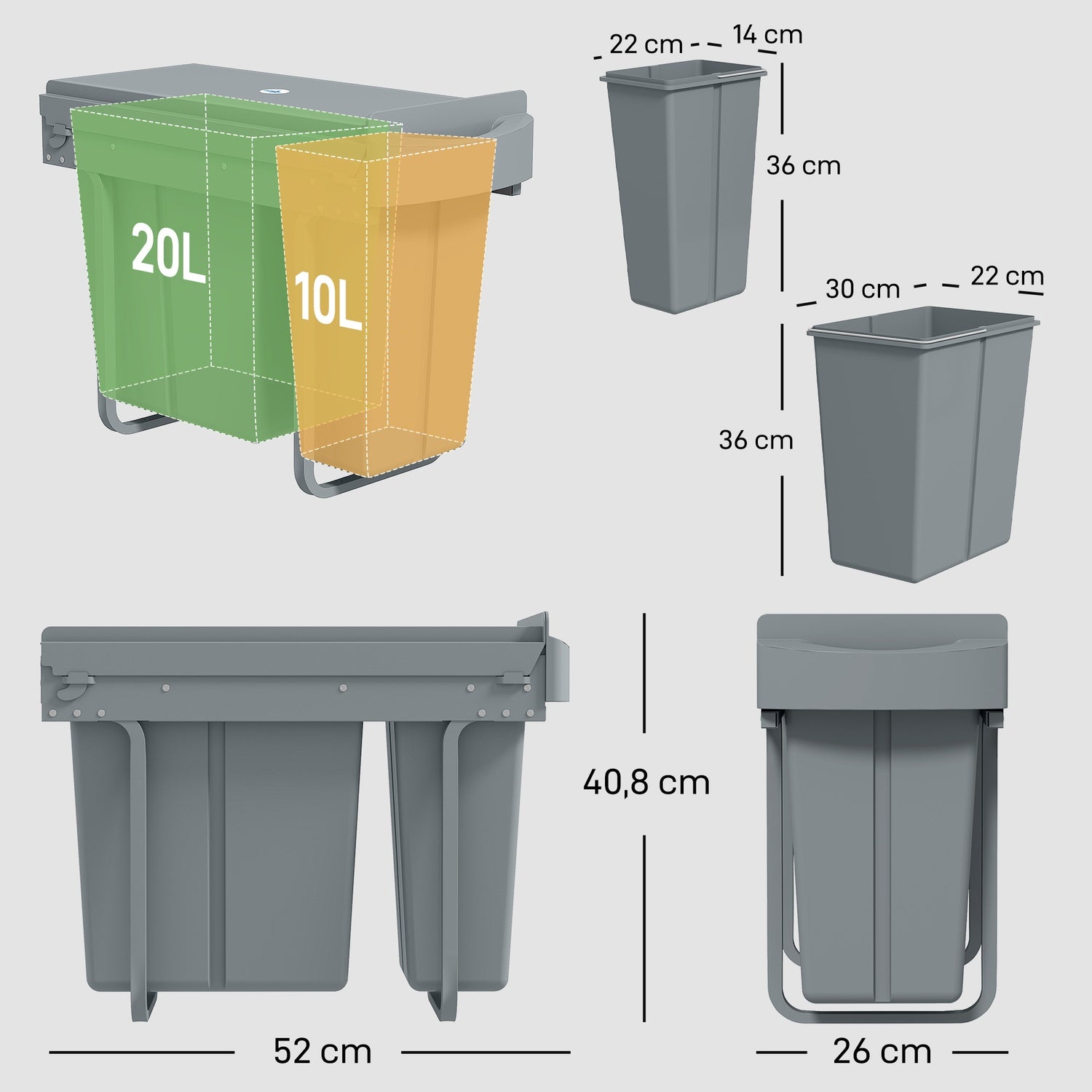 Utdragbar soptunna för kök, 2 avtagbara hinkar, 30 l, metall