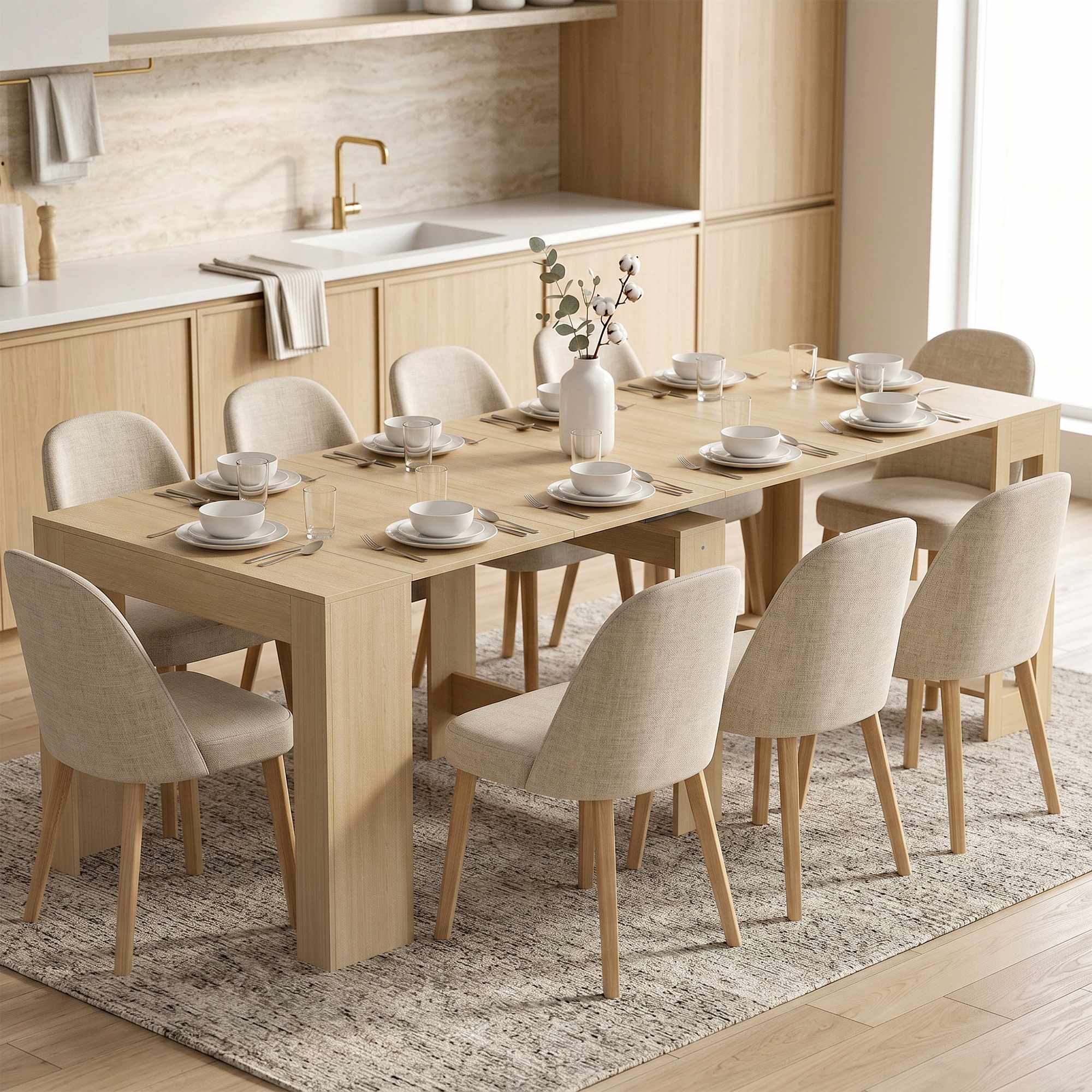 Utdragbart matbord, 48–240 cm, Plats för 10, Ljusbrun