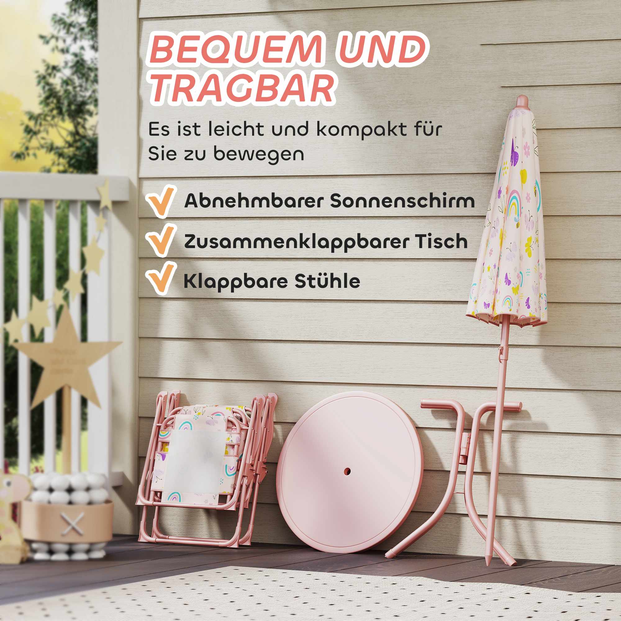Utemöbelset för barn med parasoll – rosa, hopfällbart