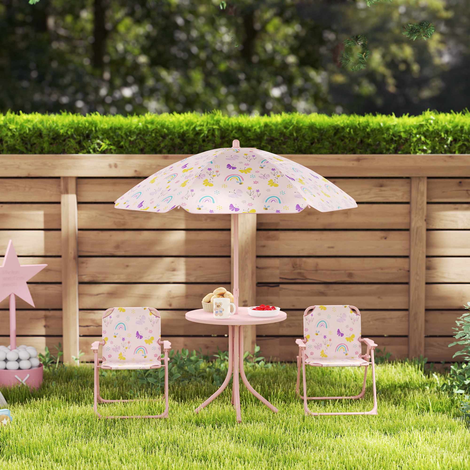 Utemöbelset för barn med parasoll – rosa, hopfällbart