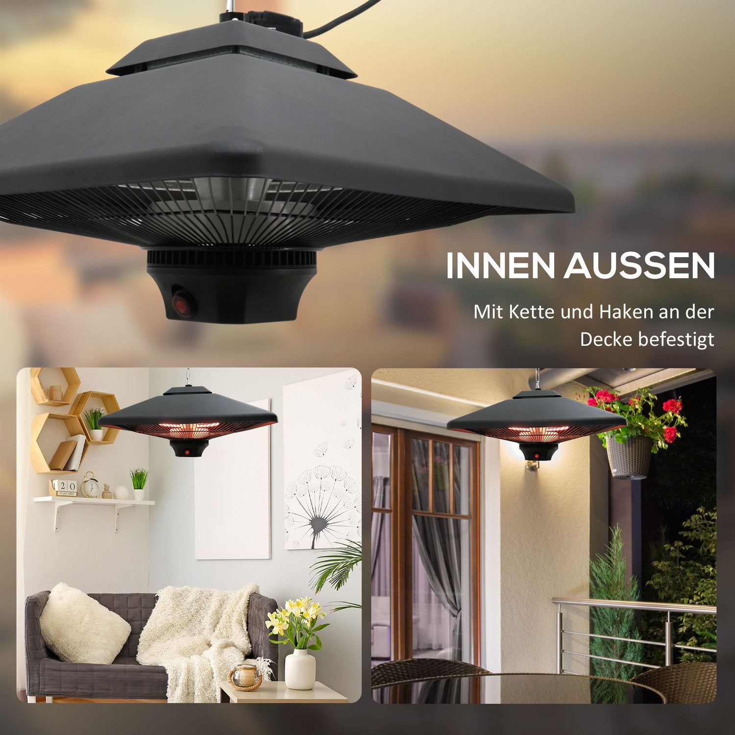 Uteplats takvärmare med fjärrkontroll & LED, 2000W, kompakt storlek