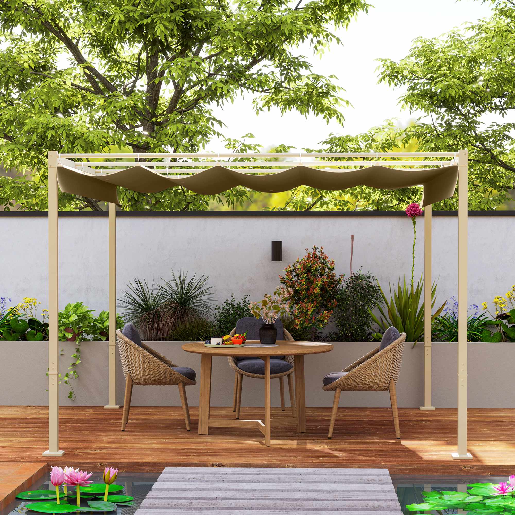Utfällbar trädgårdspergola, 3x3m, kaki, UPF30+ tak
